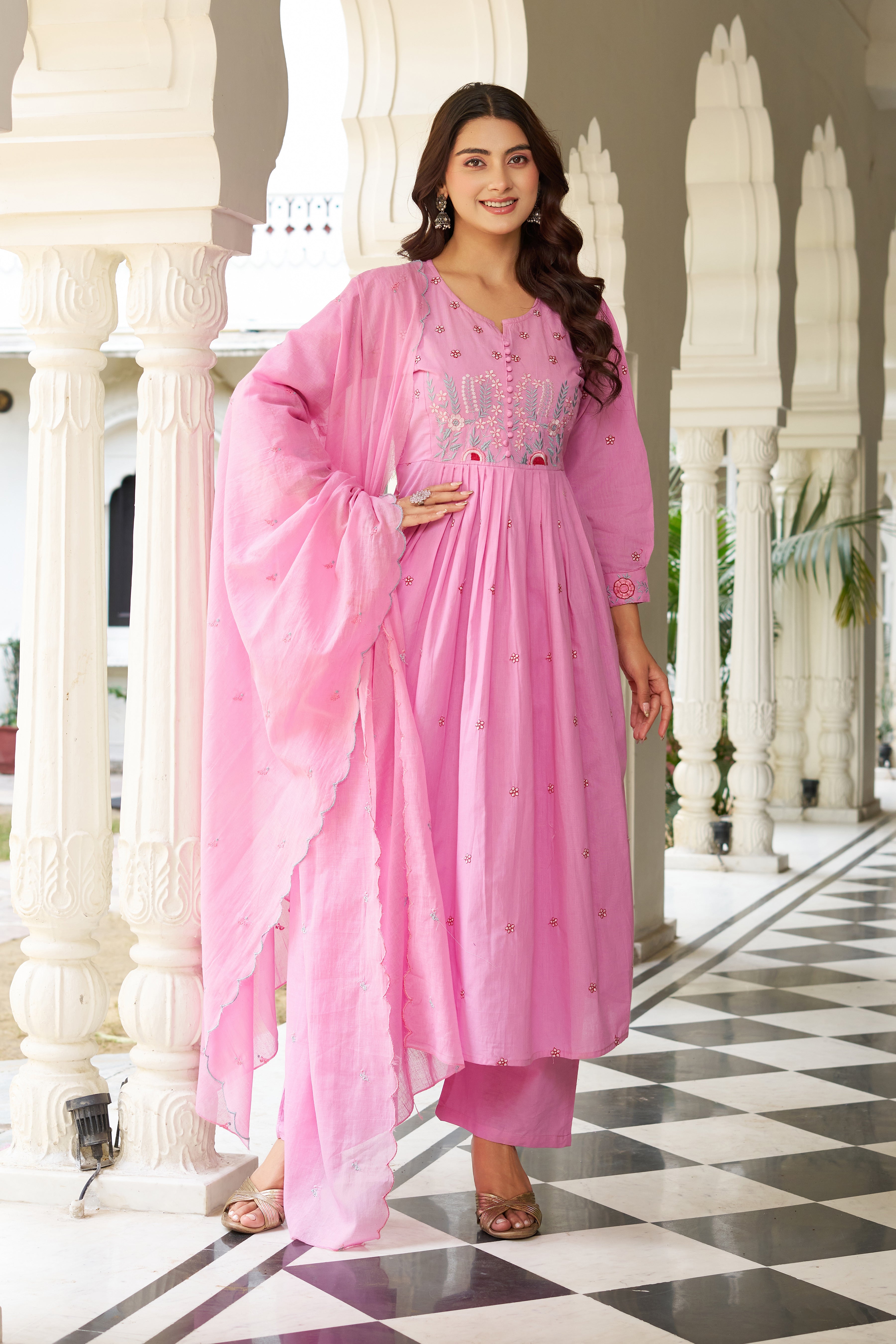 Elegant Embroidered Anarkali Kurta Set with Dupatta – Ivory, Lime Green & Blush Pink