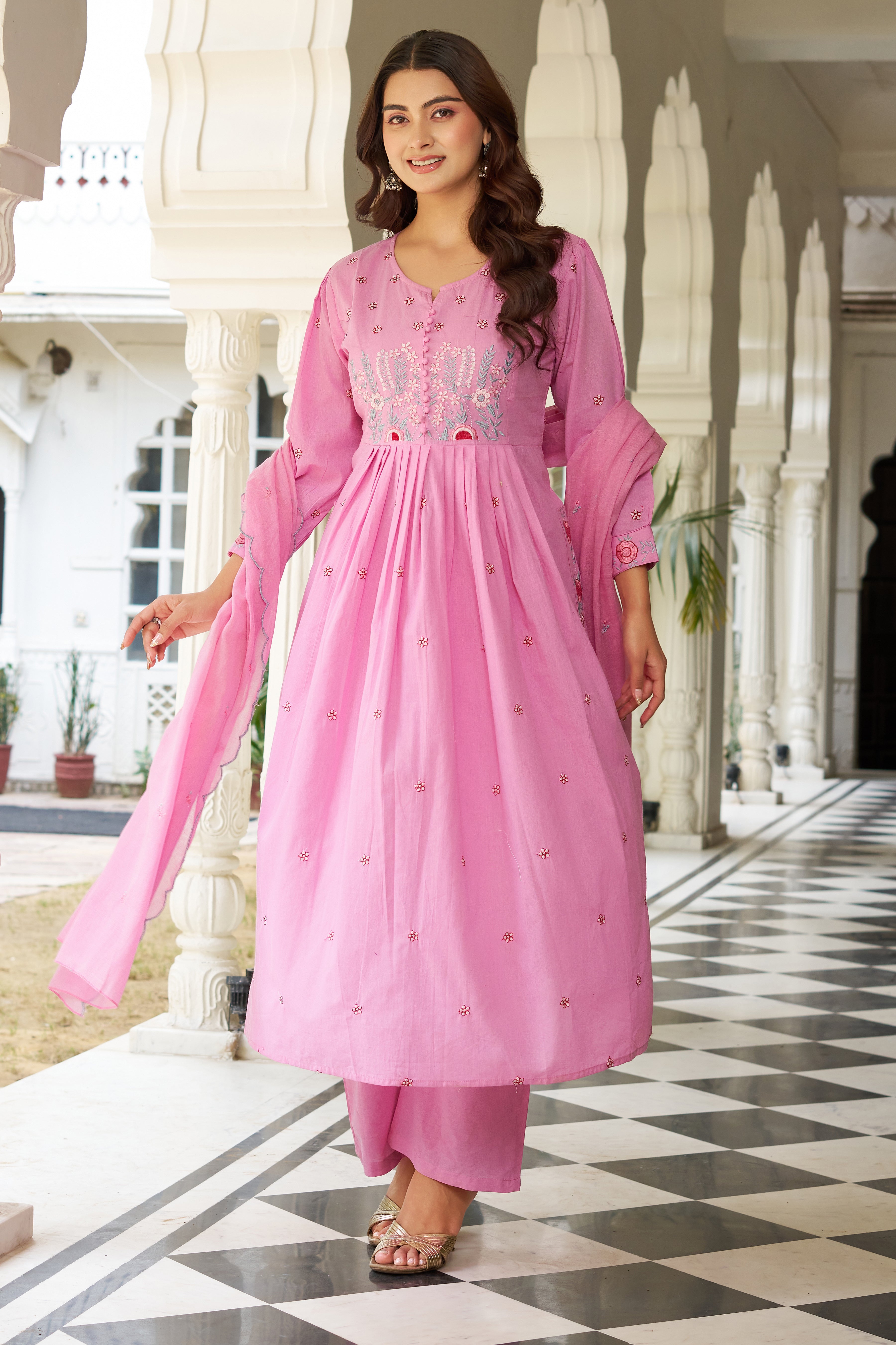 Elegant Embroidered Anarkali Kurta Set with Dupatta – Ivory, Lime Green & Blush Pink
