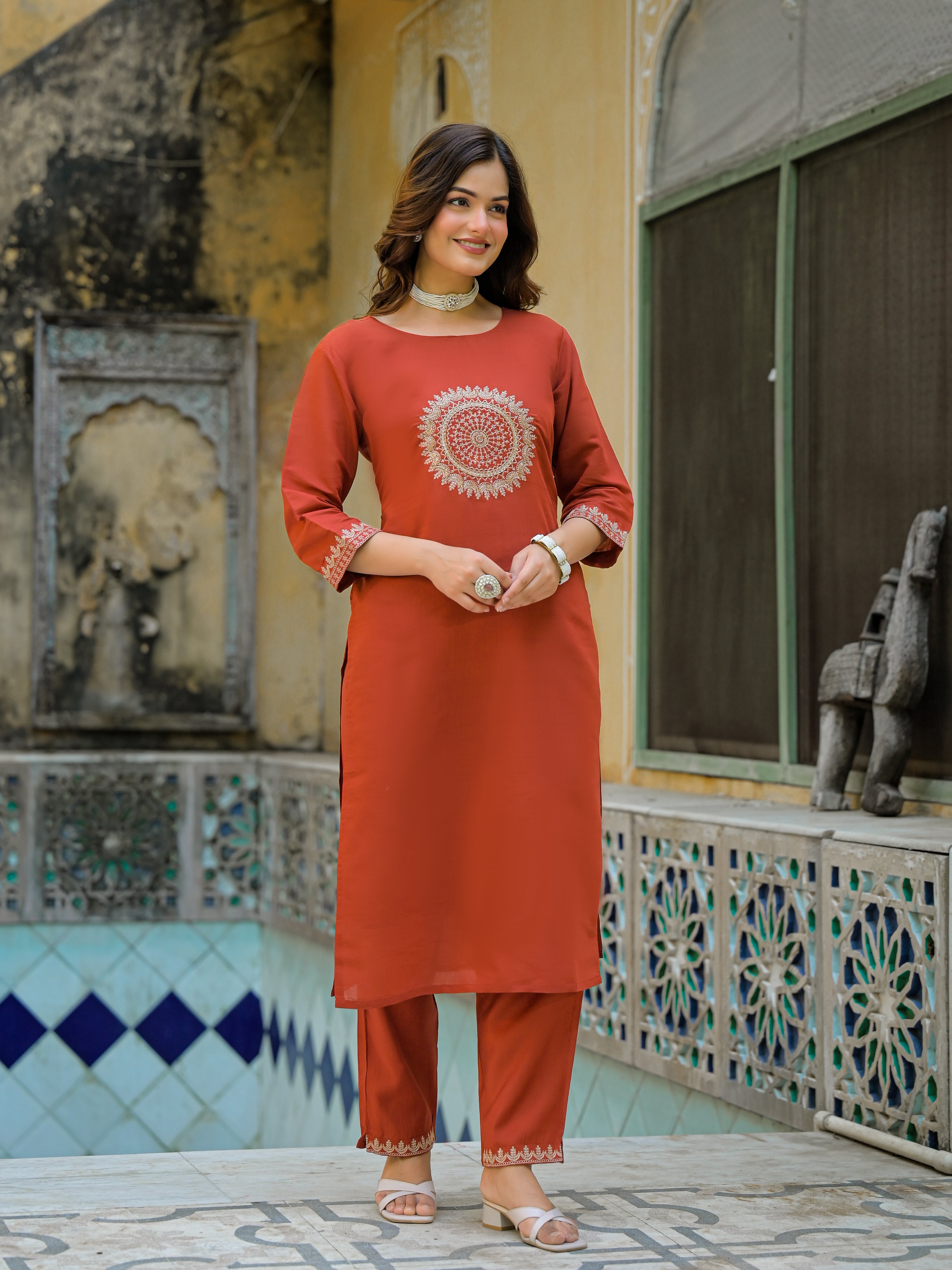 Rust Orange Straight Kurta Set with Embroidered Yoke & Striped Dupatta