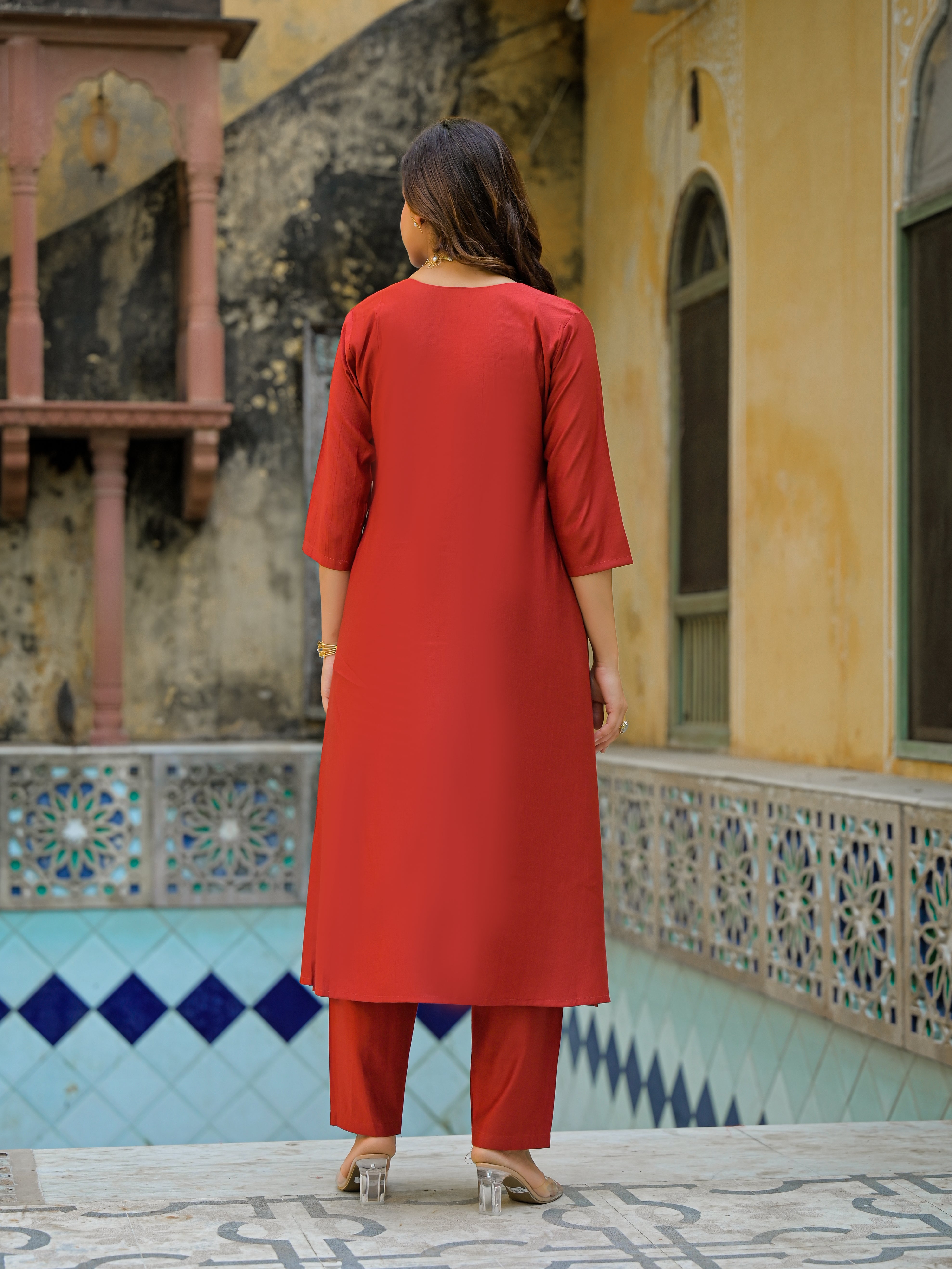 Brick Red Straight Kurta Set with Multicolor Embroidered Yoke