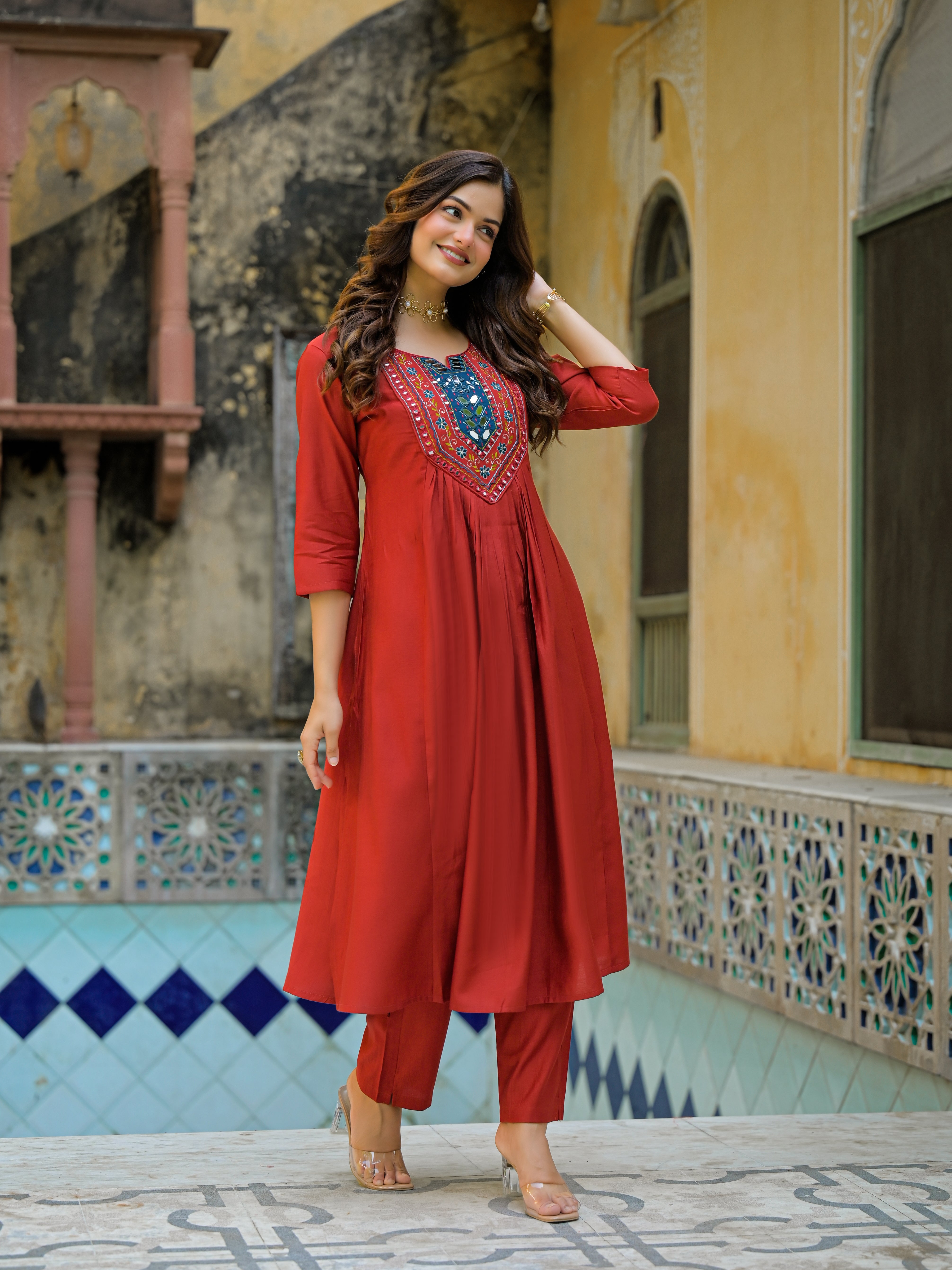 Brick Red Straight Kurta Set with Multicolor Embroidered Yoke