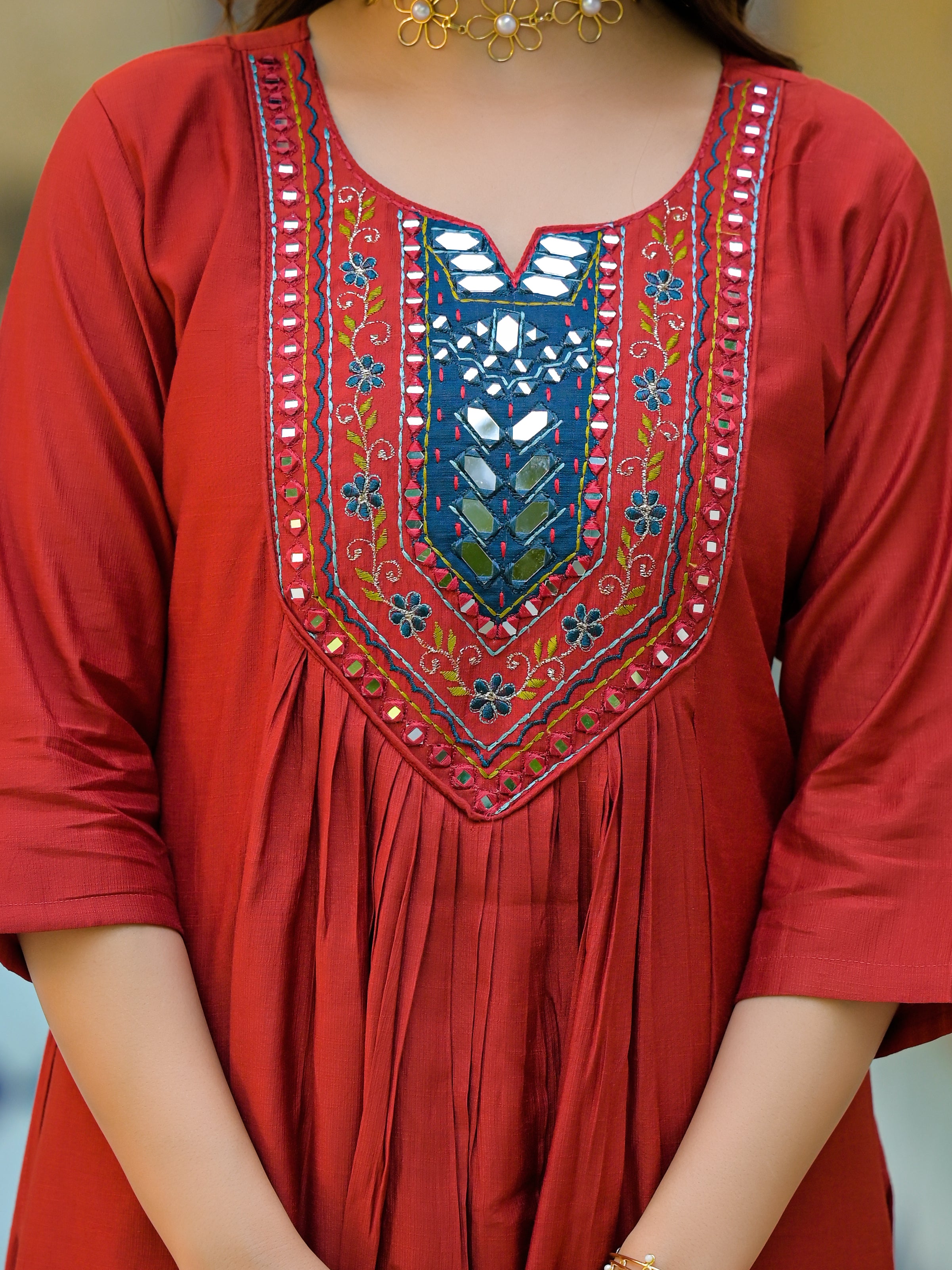 Brick Red Straight Kurta Set with Multicolor Embroidered Yoke
