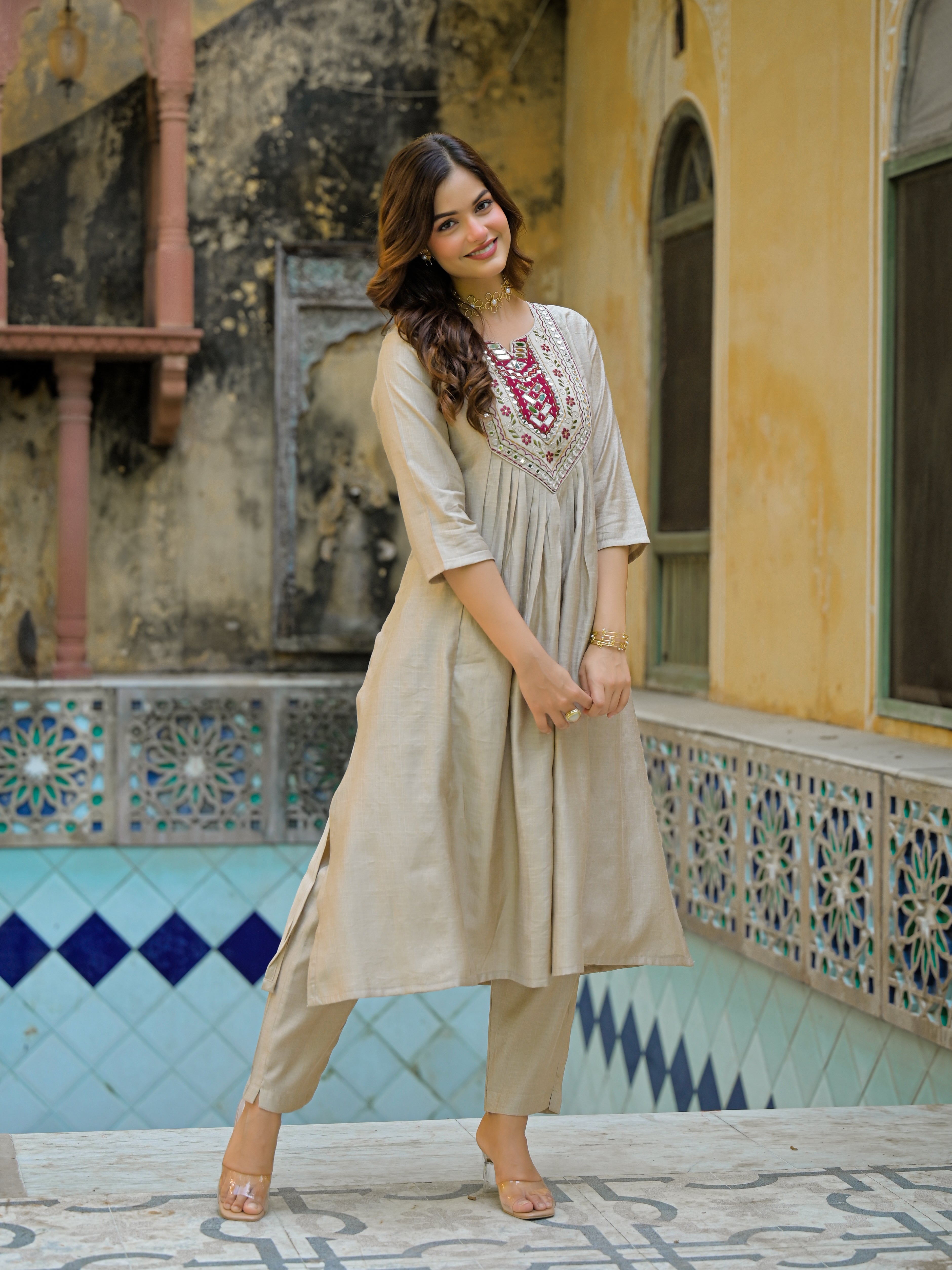 Beige Straight Kurta Set with Maroon Embroidered Yoke