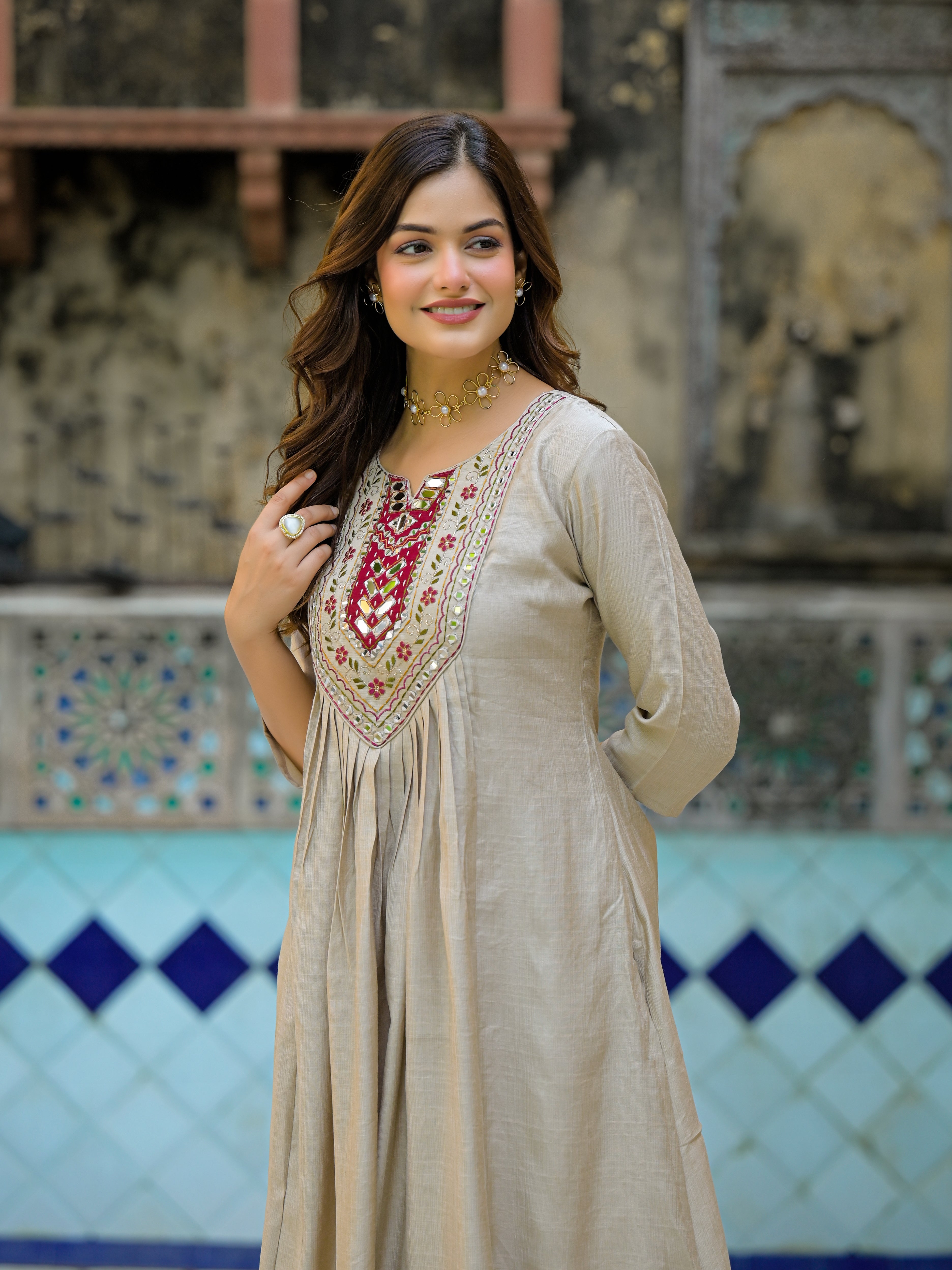 Beige Straight Kurta Set with Maroon Embroidered Yoke