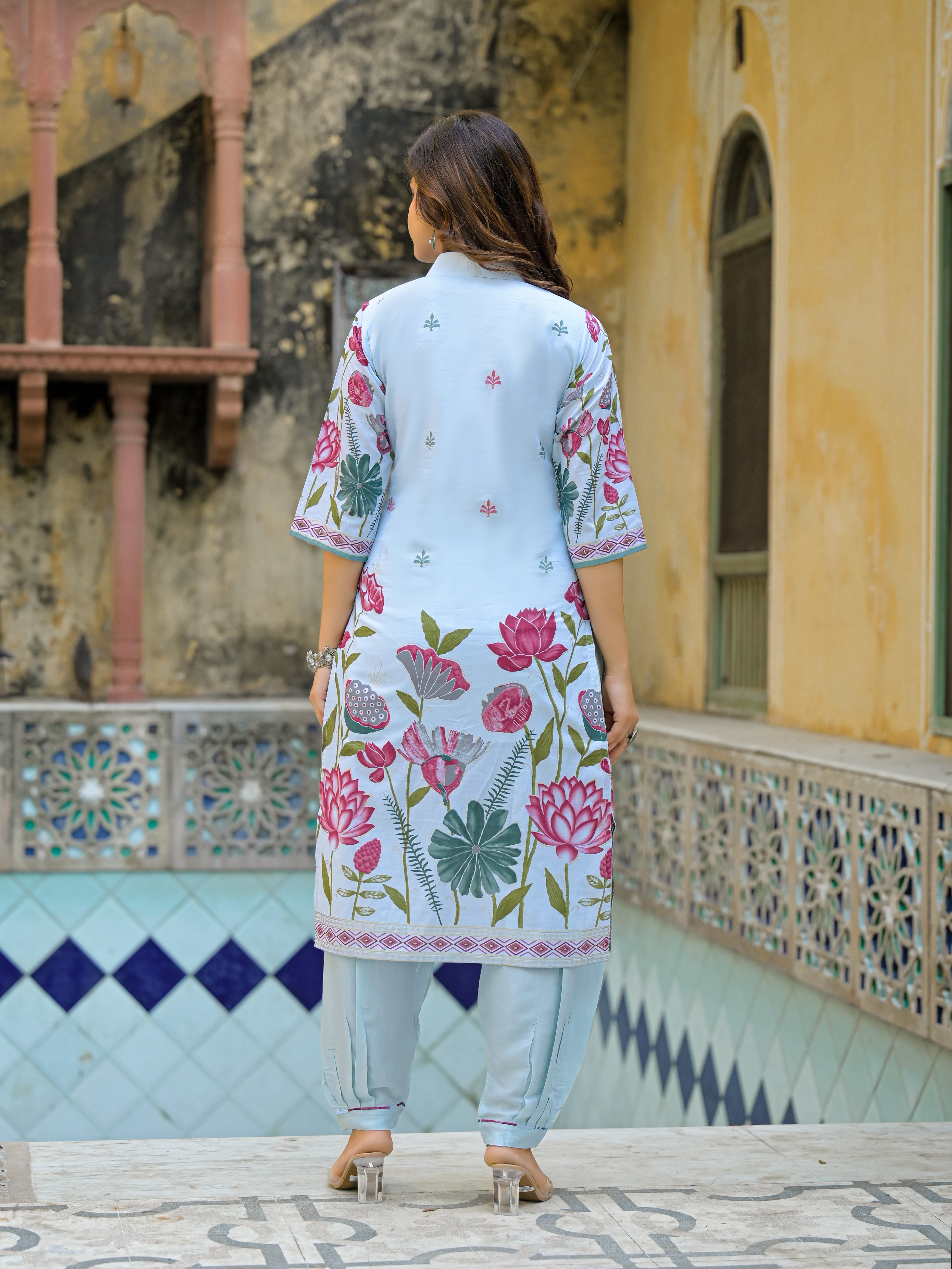Sky Blue Floral Printed Straight Kurta Set with Dupatta
