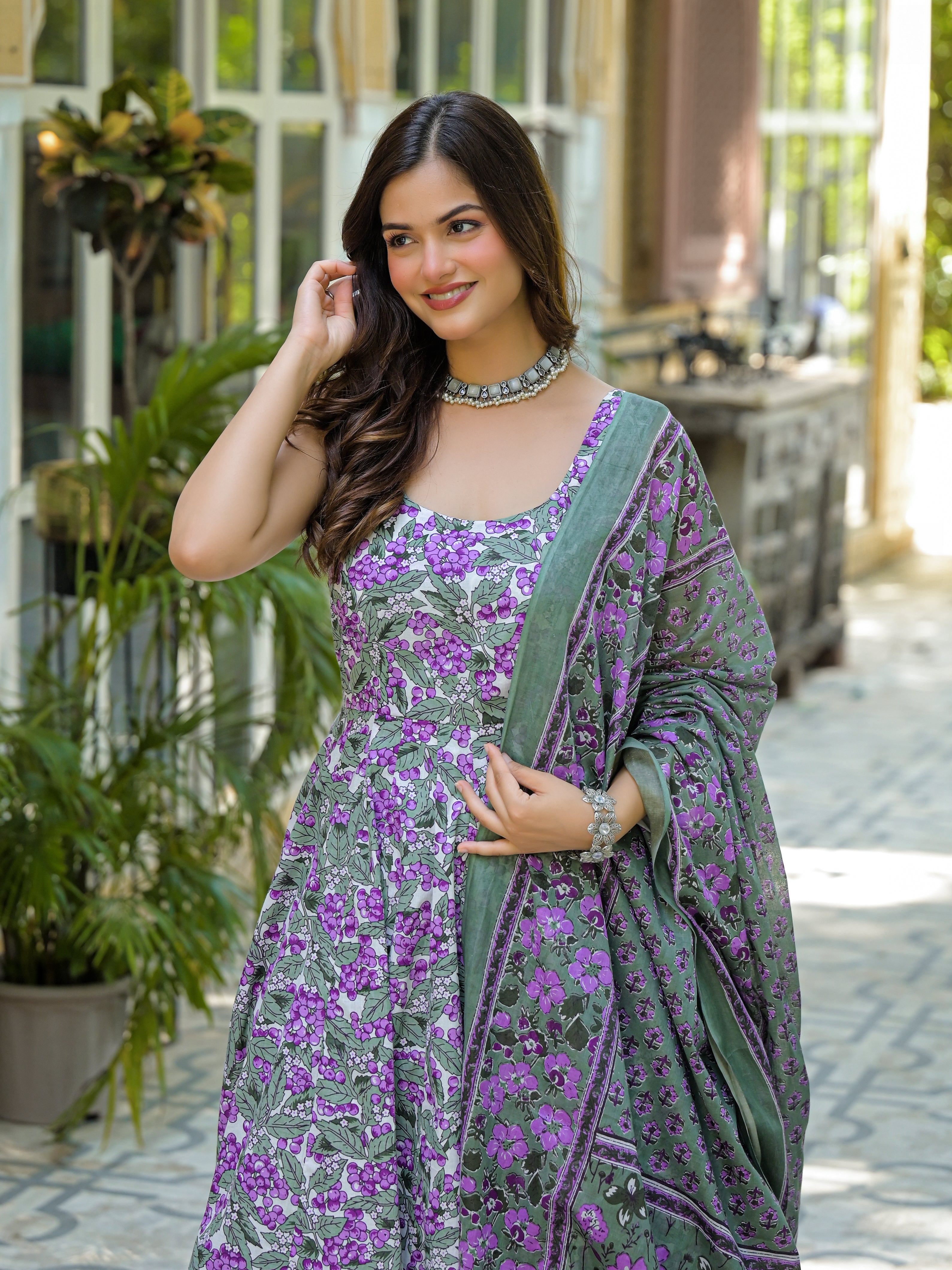 Pastel Green & Purple Floral Printed Anarkali Kurta Set with Dupatta