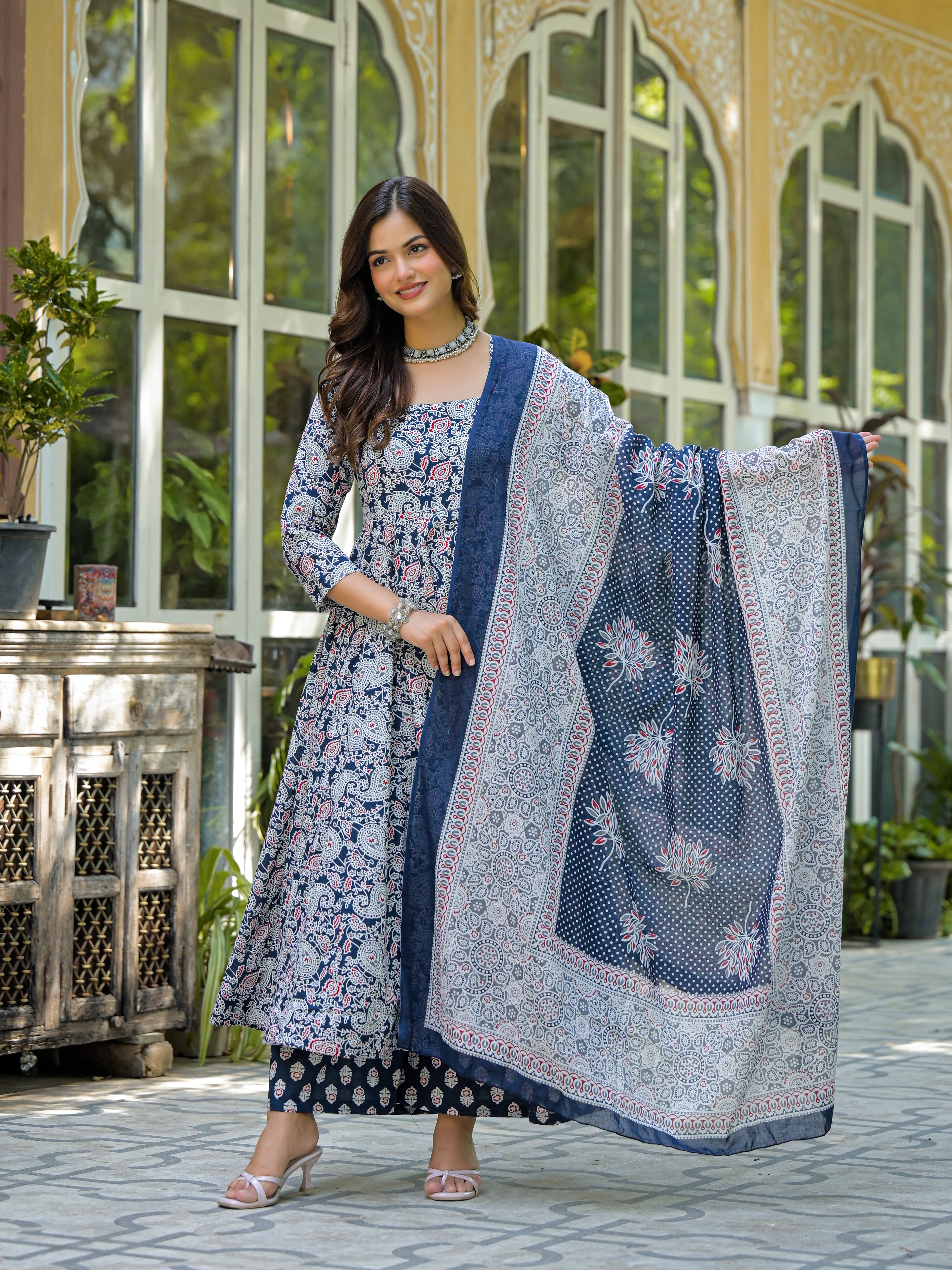 Navy Blue & White Printed Anarkali Kurta Set with Dupatta