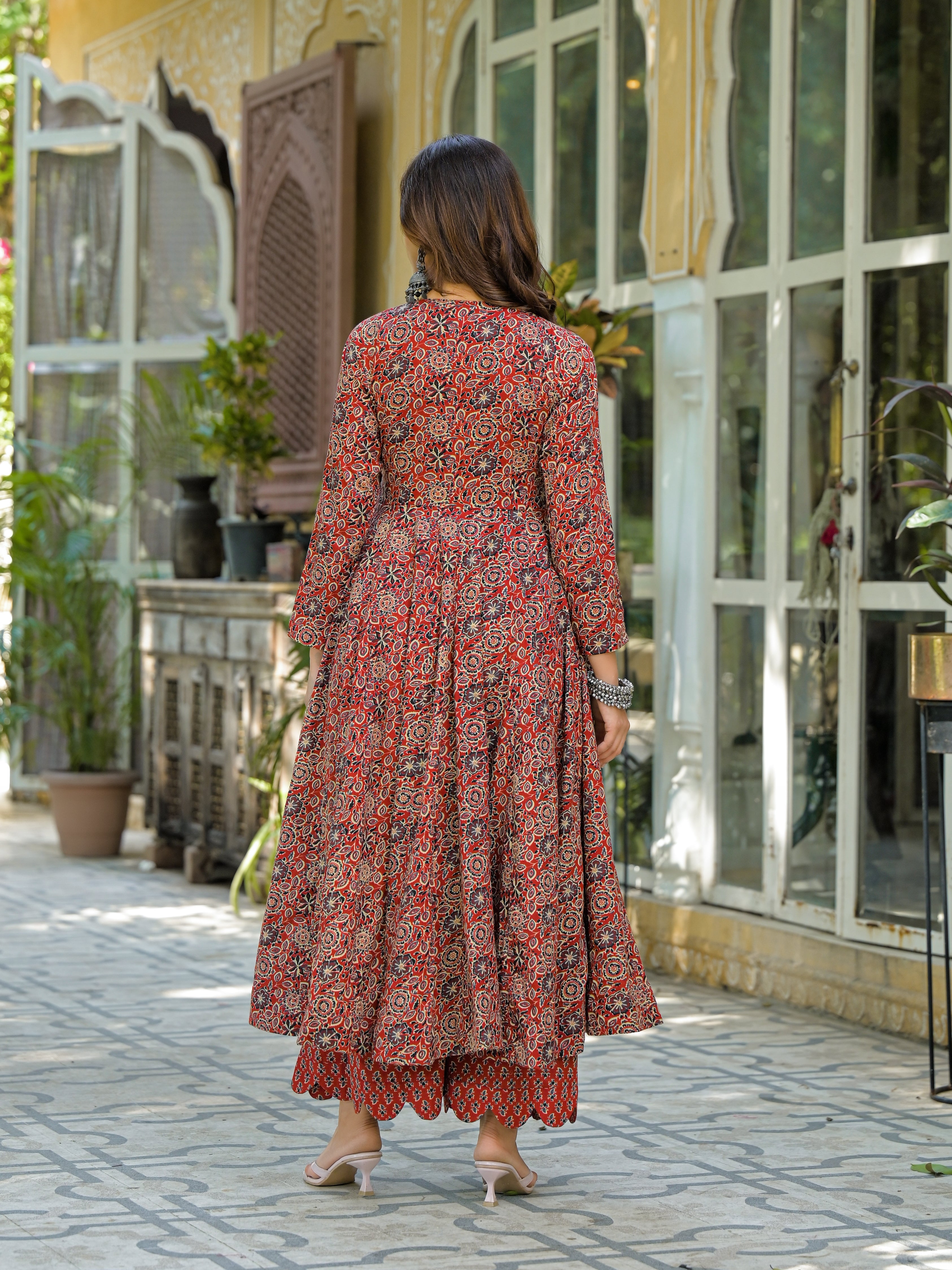 Rust Red & Black Handblock Printed Anarkali Kurta Set with Dupatta