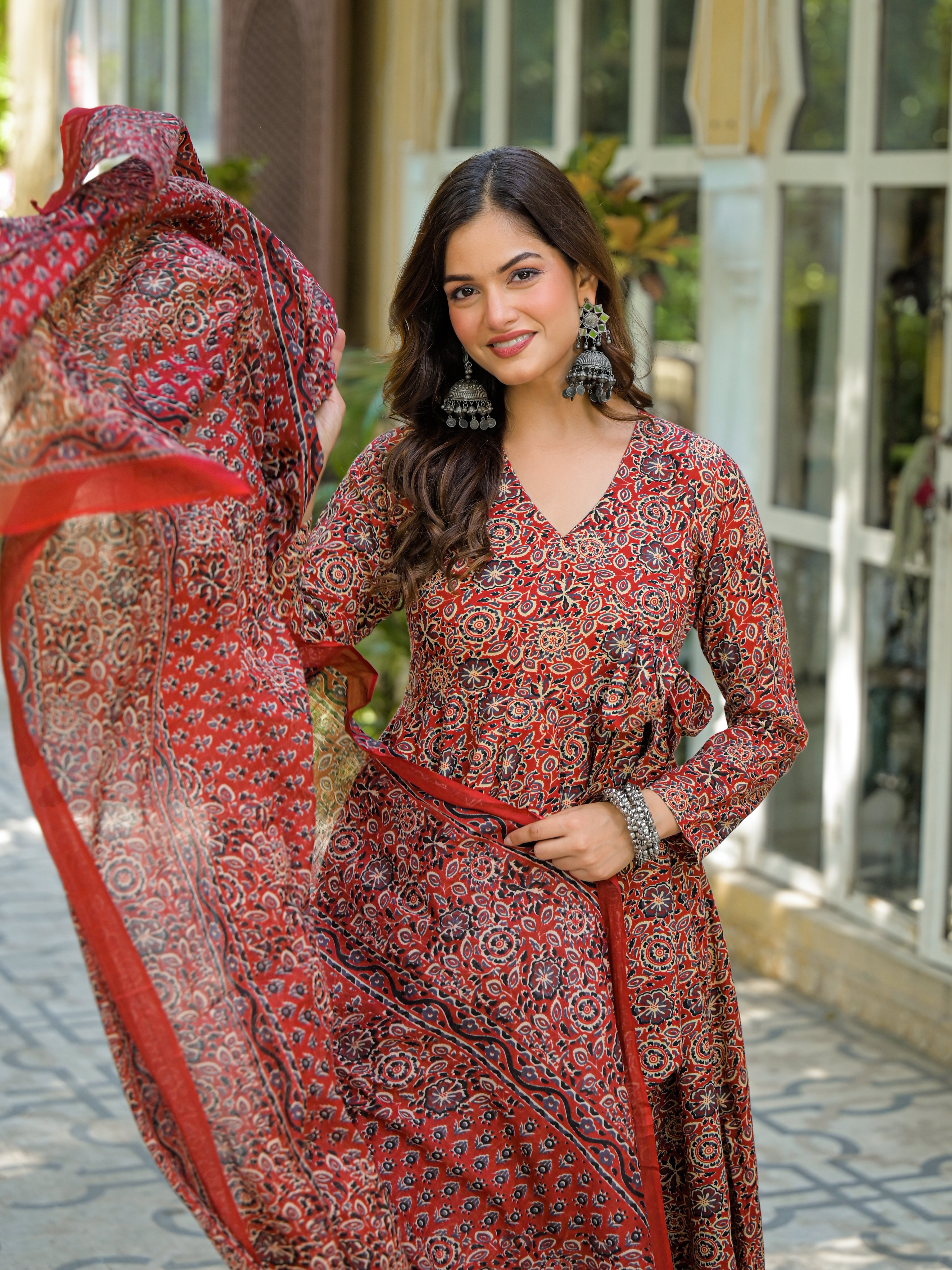 Rust Red & Black Handblock Printed Anarkali Kurta Set with Dupatta