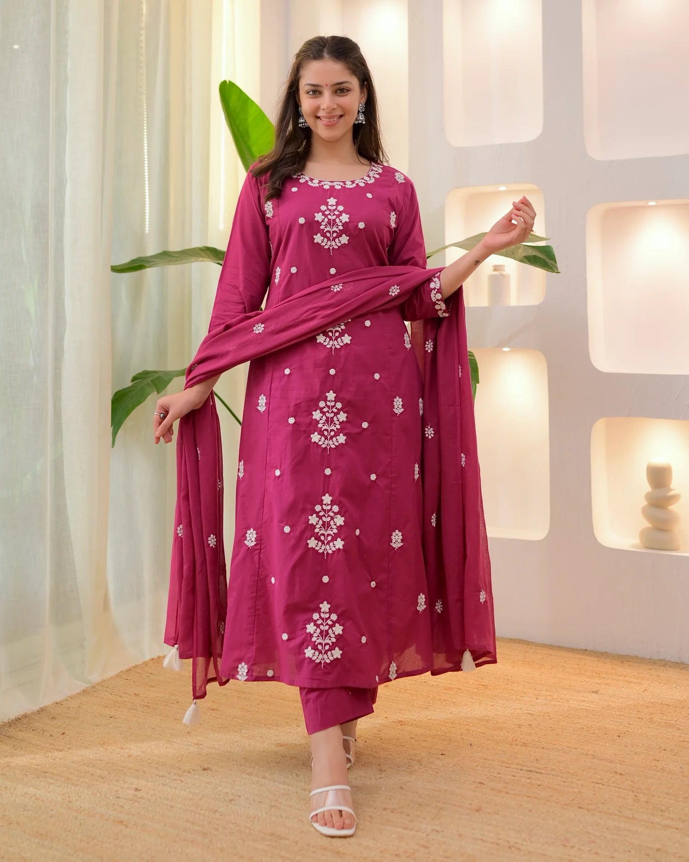 Premium Wine Embroidered Kurta Pant Set with Matching Dupatta