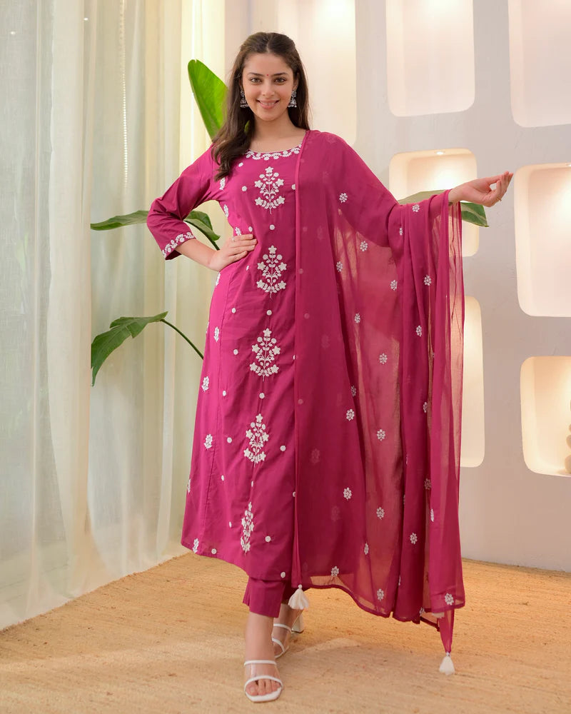 Premium Wine Embroidered Kurta Pant Set with Matching Dupatta