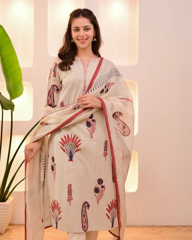 Ivory Green And Red Lotus Striped Cotton Suit