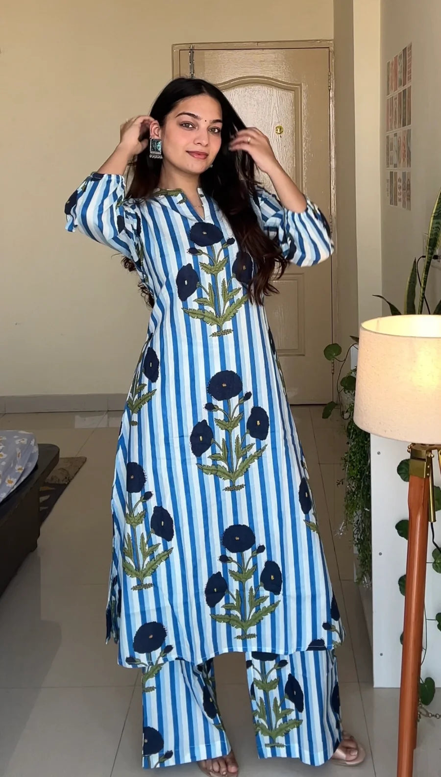 Blue & White Striped Floral Printed Cotton Kurta Set for Women