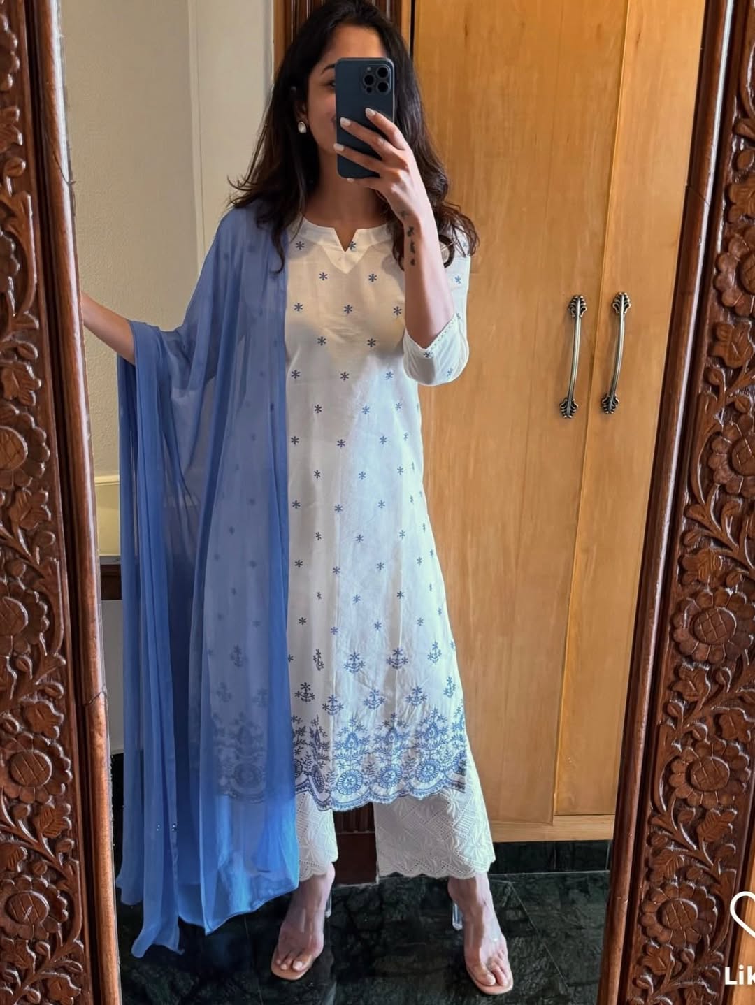 Elegant White & Blue Cotton Kurta Palazzo Set with Chiffon Dupatta