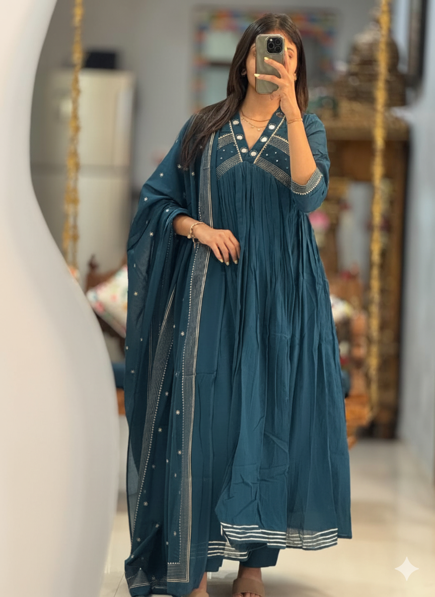 Pleated Cotton Anarkali Suit Set with Mirror-Work Yoke