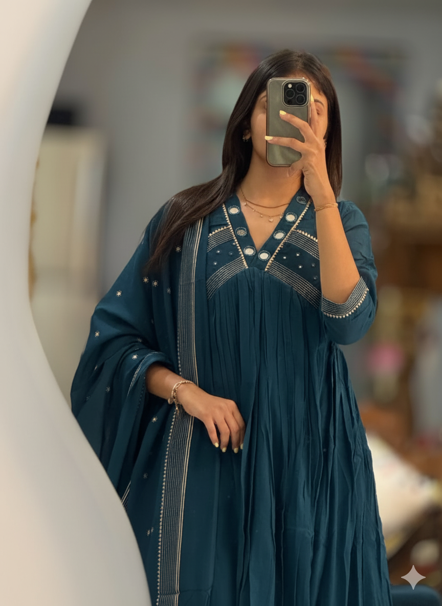 Pleated Cotton Anarkali Suit Set with Mirror-Work Yoke