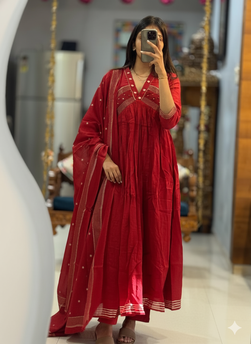 Pleated Cotton Anarkali Suit Set with Mirror-Work Yoke