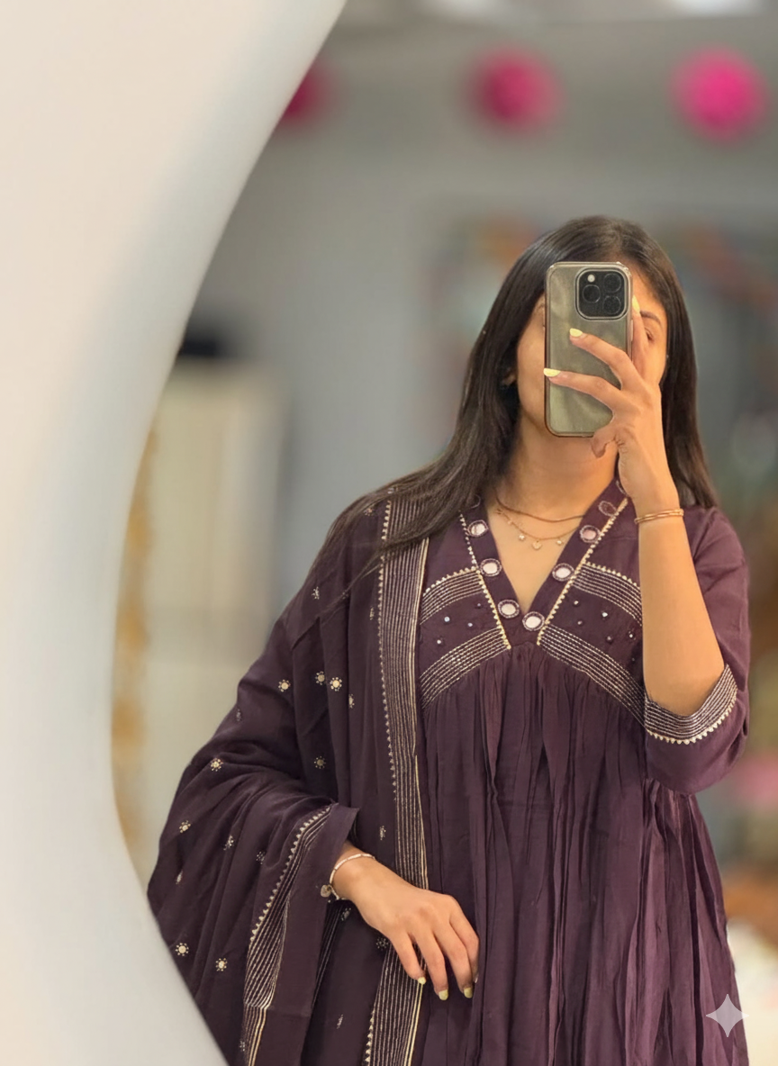 Pleated Cotton Anarkali Suit Set with Mirror-Work Yoke