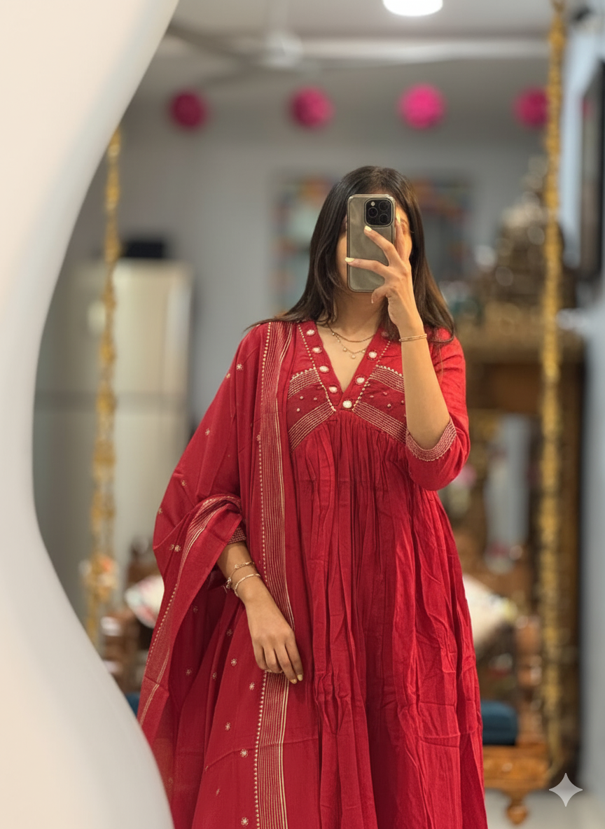 Pleated Cotton Anarkali Suit Set with Mirror-Work Yoke