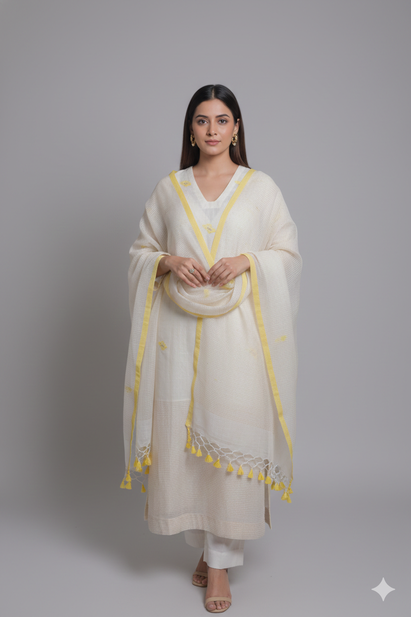 Elegant Ivory Kurta Set with Yellow Dupatta – Women’s Ethnic Wear | Festive & Casual Collection
