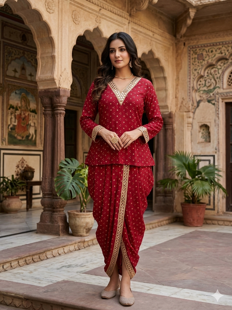 Red Embellished Dhoti Suit Set for Women