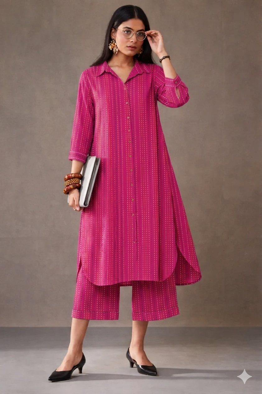 Women’s Rose Pink Striped Kurta with Culottes Set