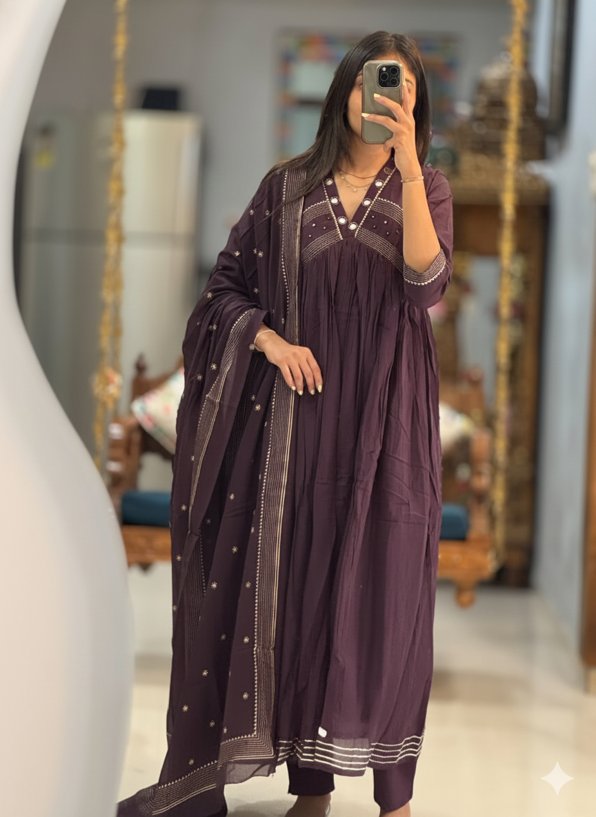 Pleated Cotton Anarkali Suit Set with Mirror-Work Yoke