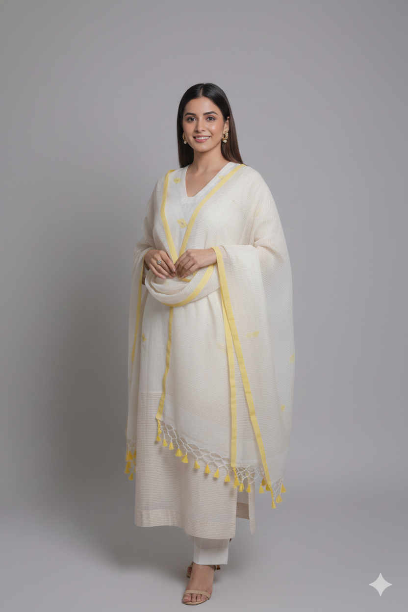 Elegant Ivory Kurta Set with Yellow Dupatta – Women’s Ethnic Wear | Festive & Casual Collection