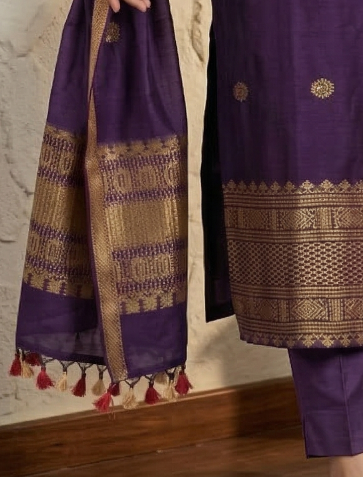 Elegant Purple Kurta Pant Set with Gold Motif Work & Border Dupatta