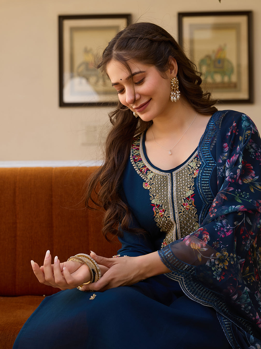 Women's Navy Blue Embroidered Kurta & Pant Set