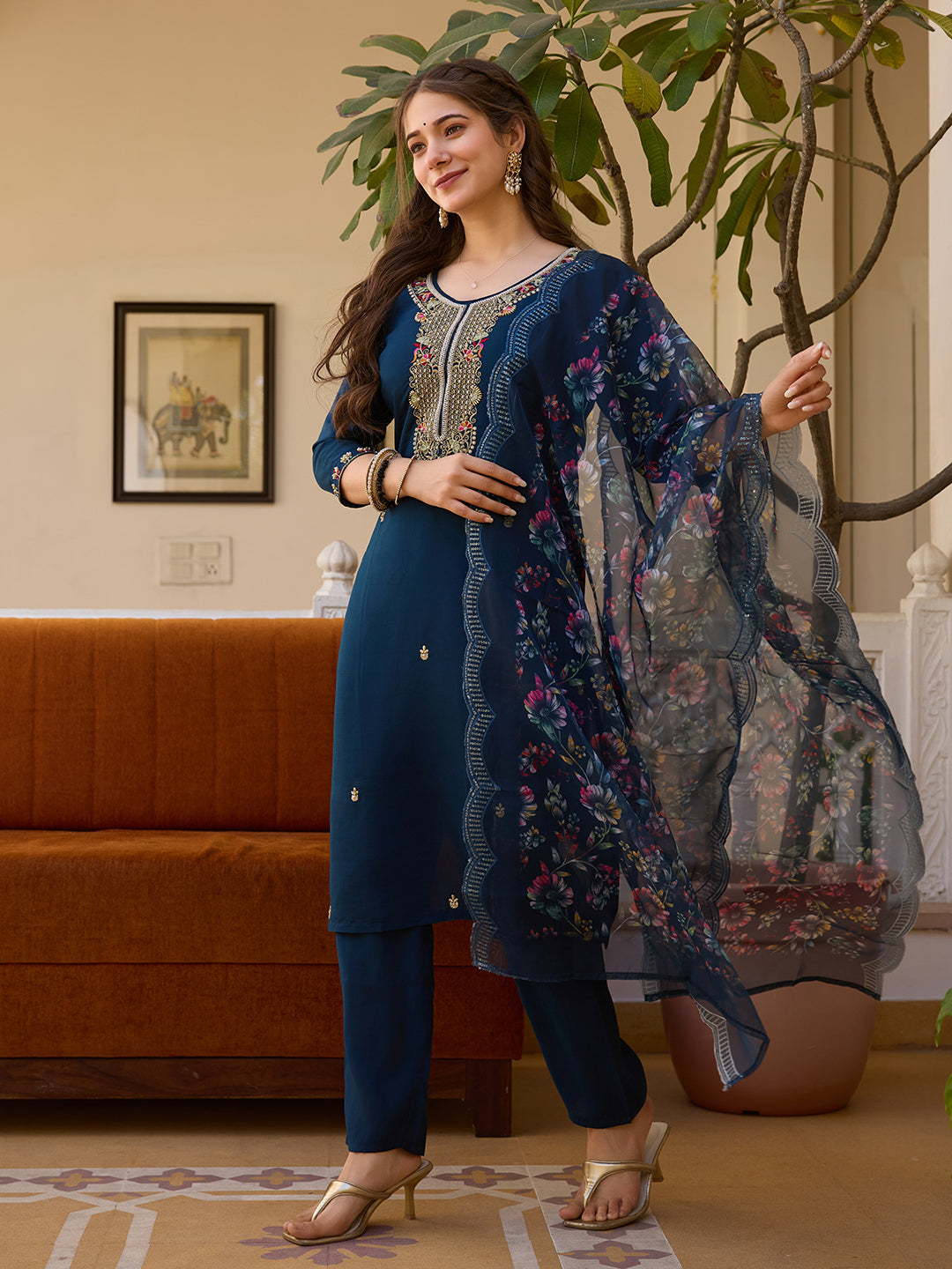 Women's Navy Blue Embroidered Kurta & Pant Set