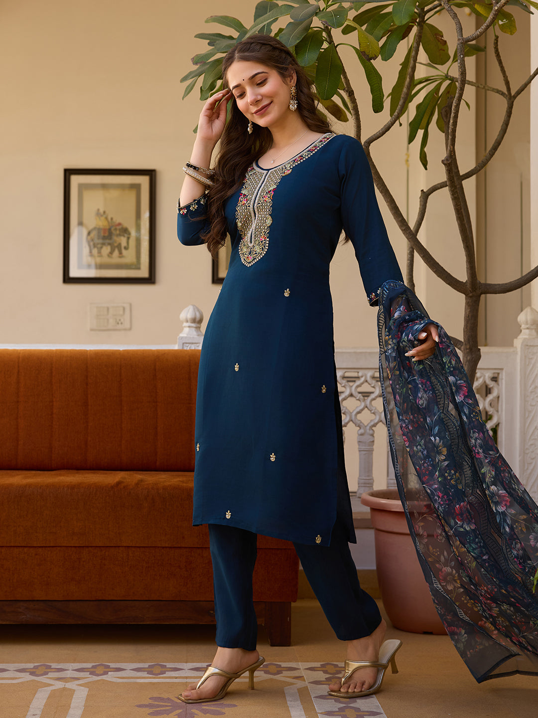 Women's Navy Blue Embroidered Kurta & Pant Set