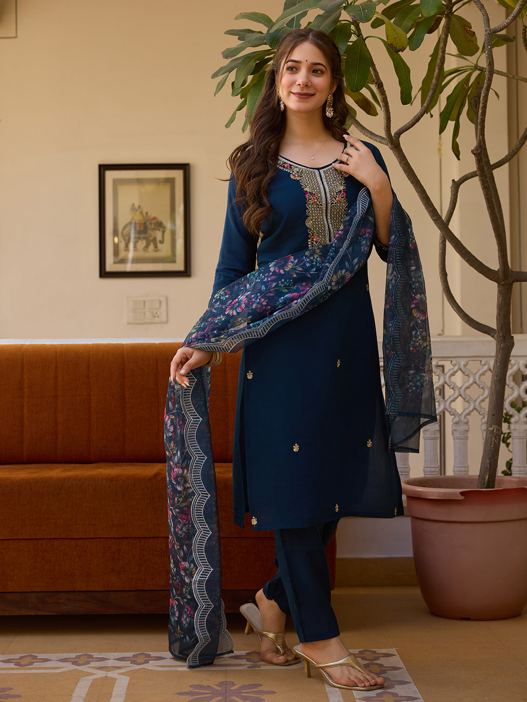 Women's Navy Blue Embroidered Kurta & Pant Set