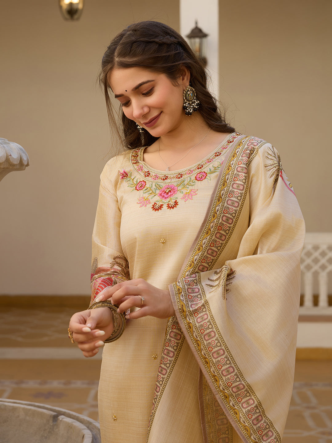 Elegant Beige Embroidered Kurta Pant Set with Printed Dupatta for Women