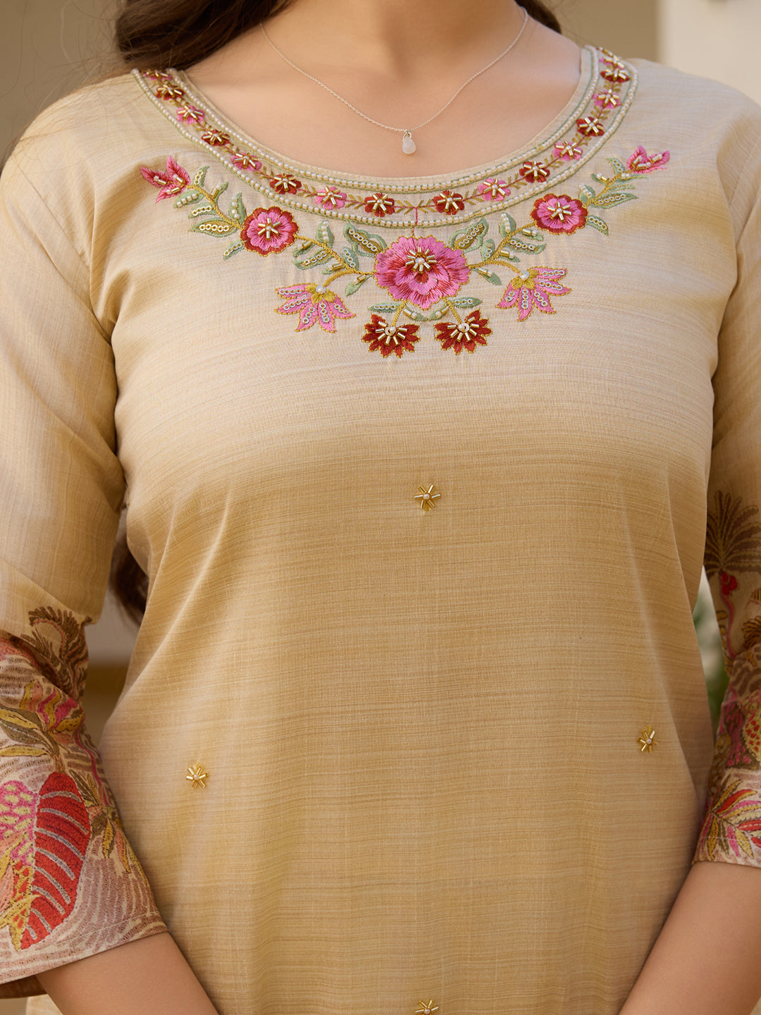 Elegant Beige Embroidered Kurta Pant Set with Printed Dupatta for Women