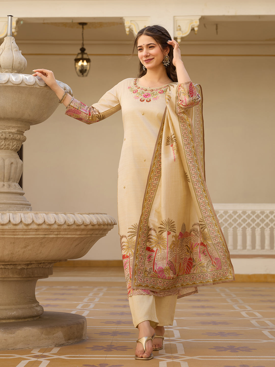 Elegant Beige Embroidered Kurta Pant Set with Printed Dupatta for Women