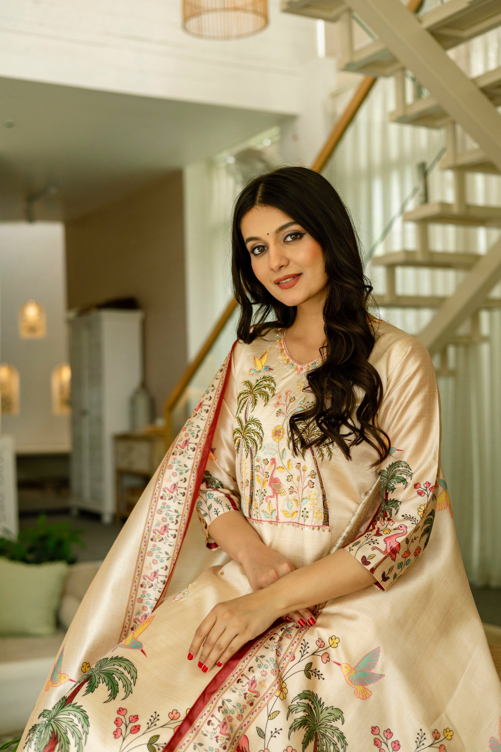 Elegant Cream Printed Kurta Pant Set with Designer Dupatta for Women