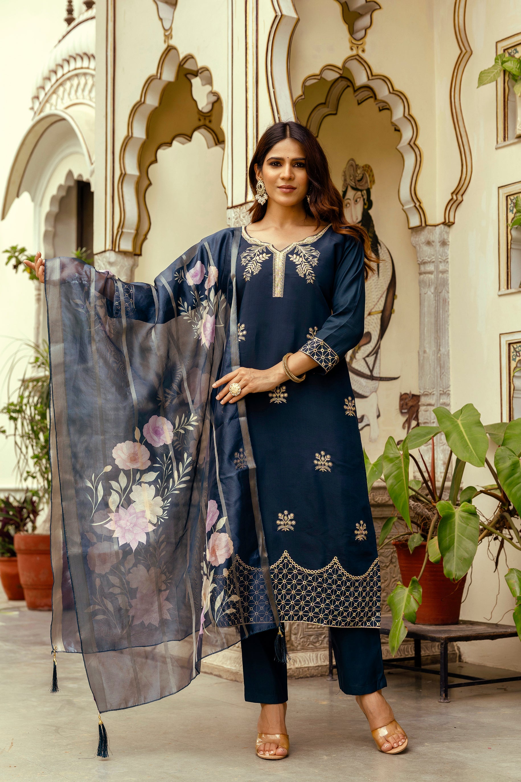 Navy Blue Embroidered Kurta Pant Set with Organza Dupatta