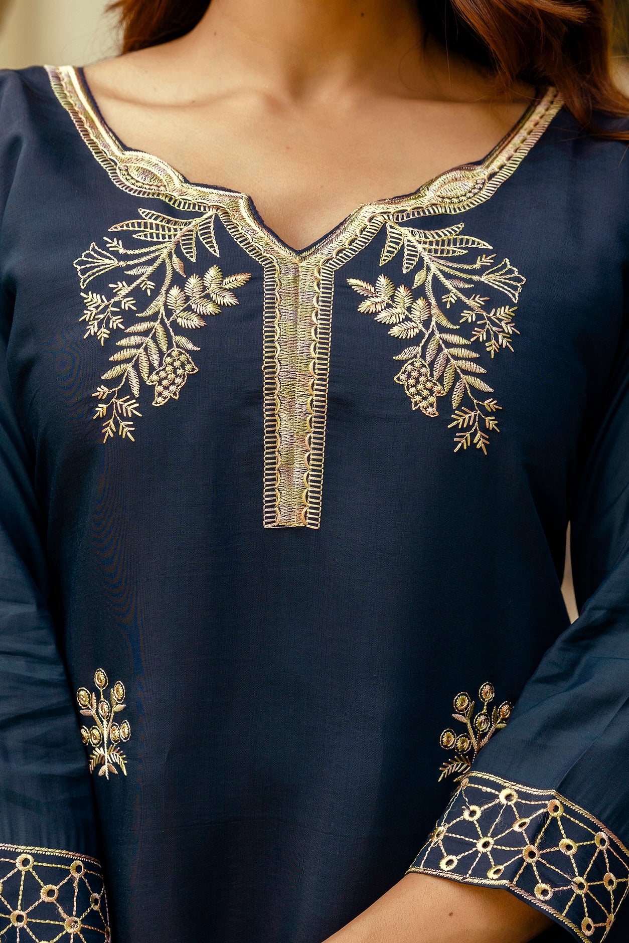 Navy Blue Embroidered Kurta Pant Set with Organza Dupatta