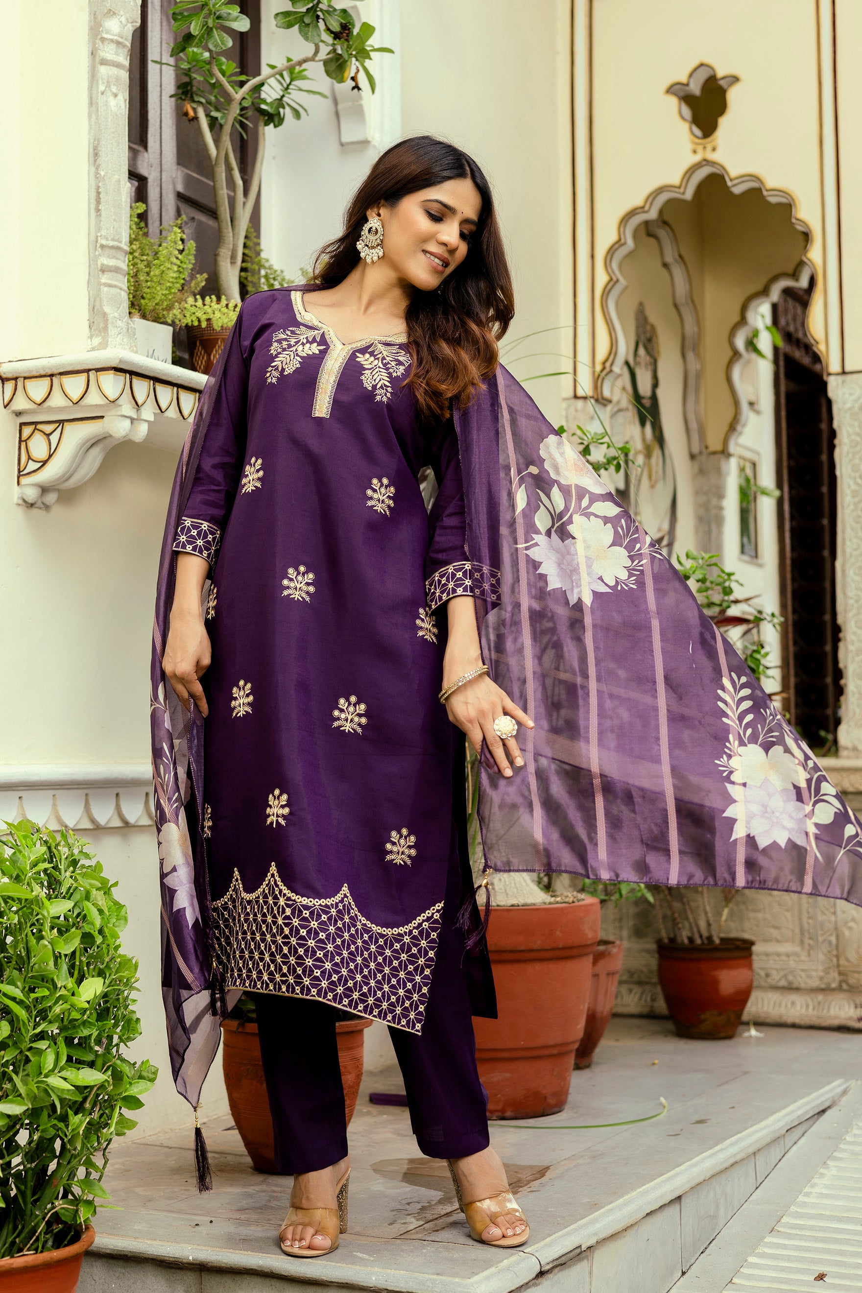 Wine Purple Embroidered Kurta Pant Set with Floral Organza Dupatta
