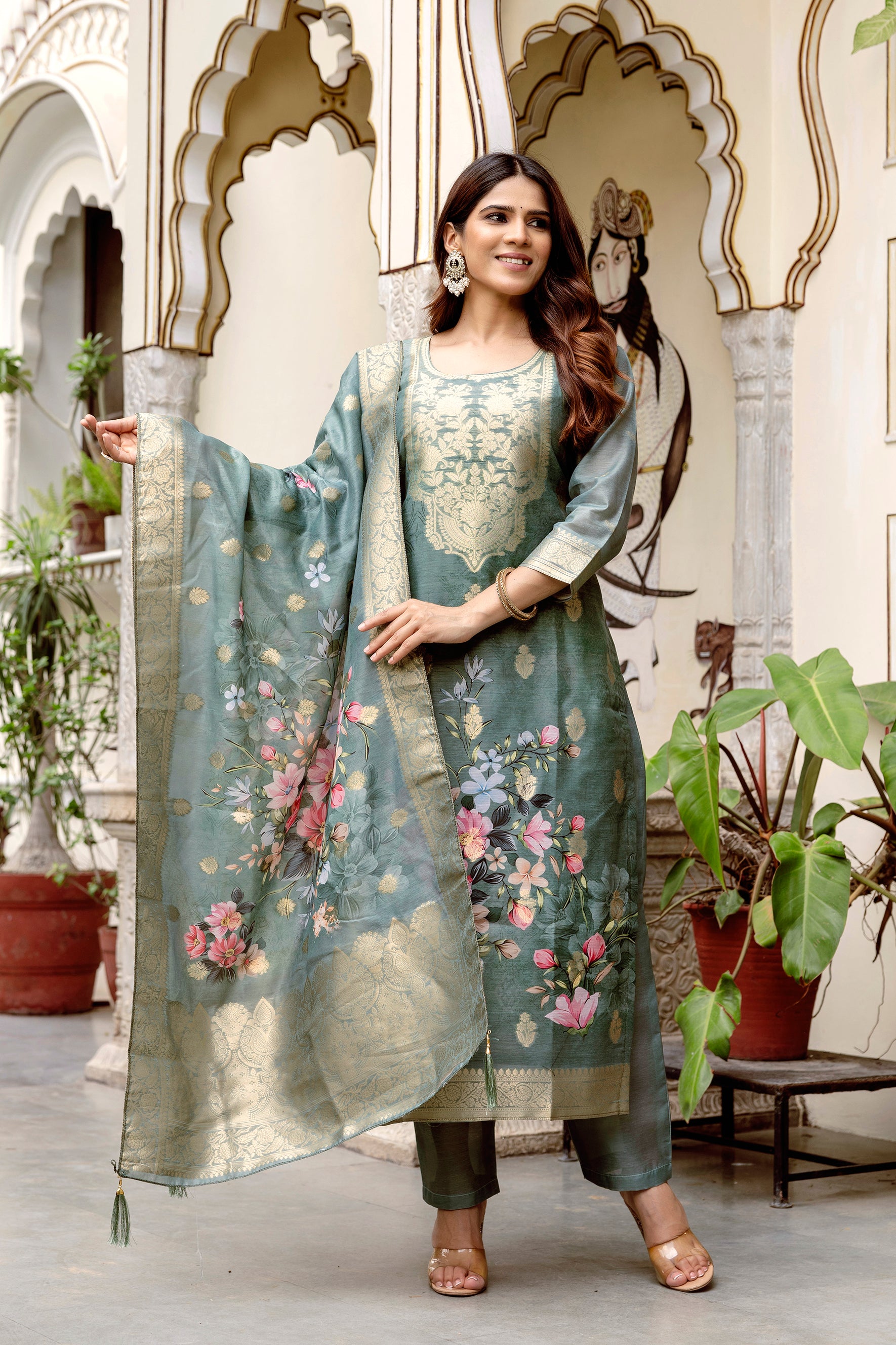 Sage Green Floral Printed Silk Blend Kurta Pant Set with Woven Dupatta