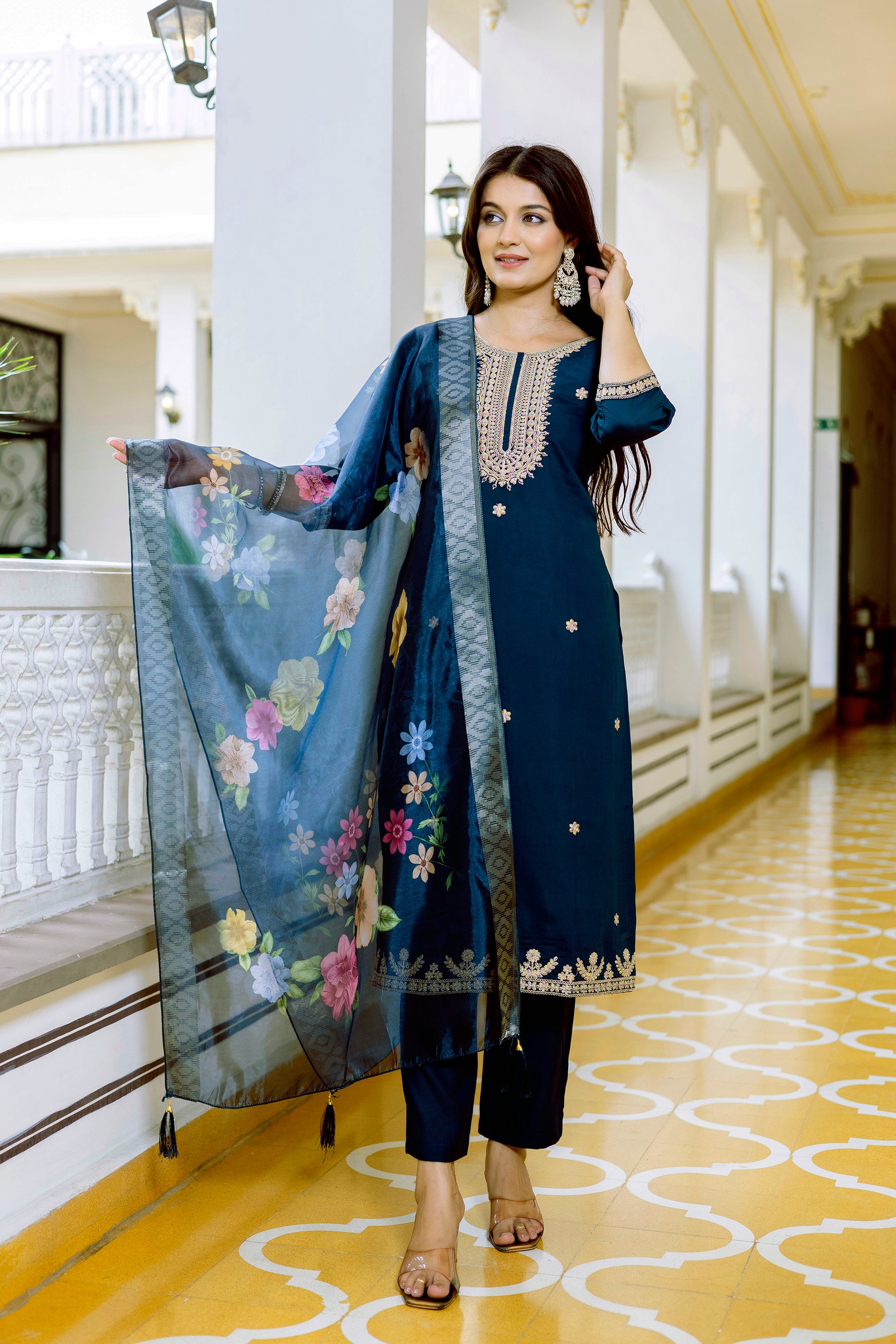 Navy Blue Embroidered Kurta Set with Floral Organza Dupatta