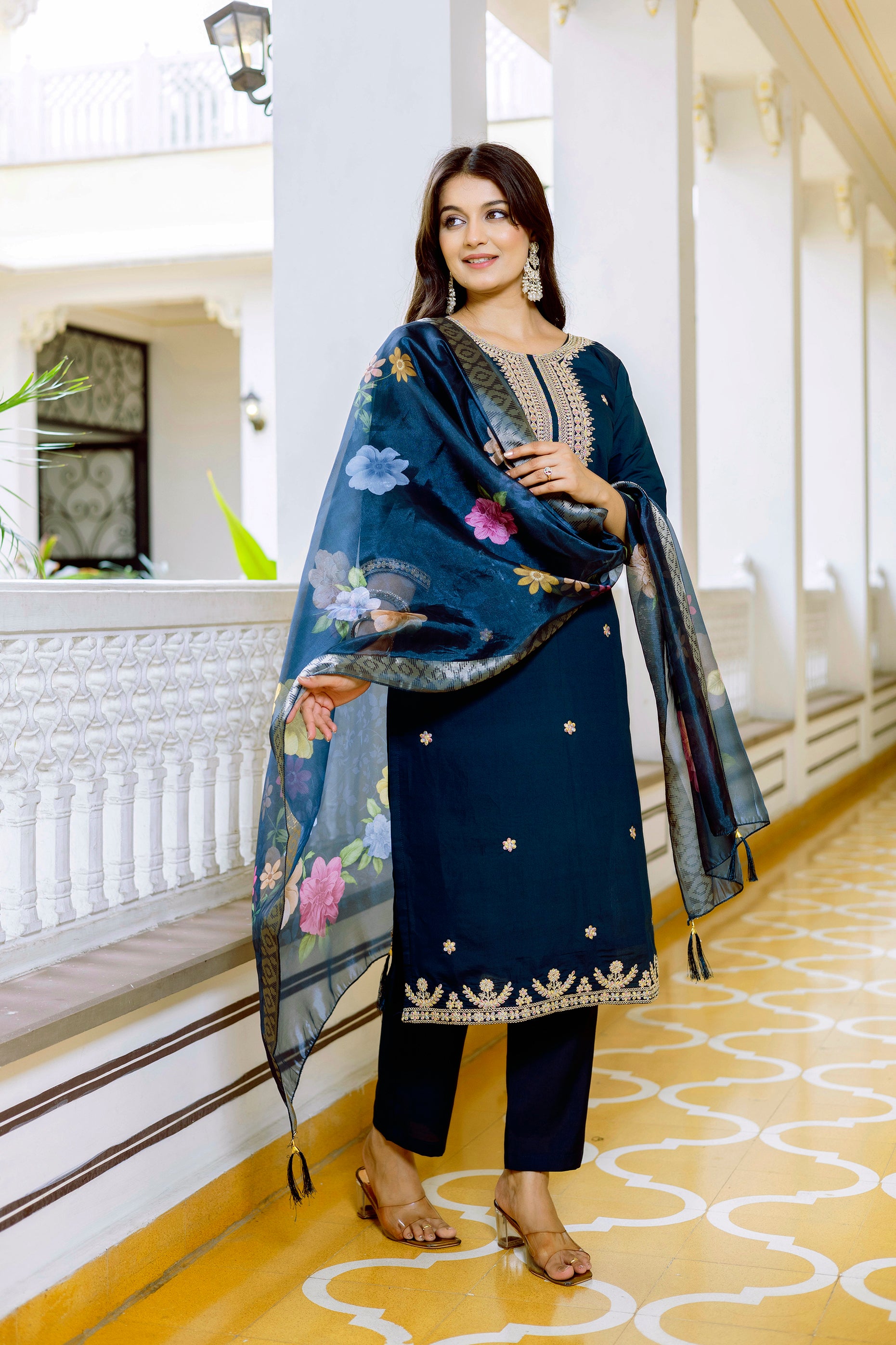 Navy Blue Embroidered Kurta Set with Floral Organza Dupatta