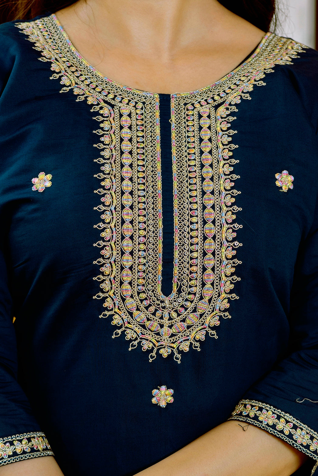 Navy Blue Embroidered Kurta Set with Floral Organza Dupatta