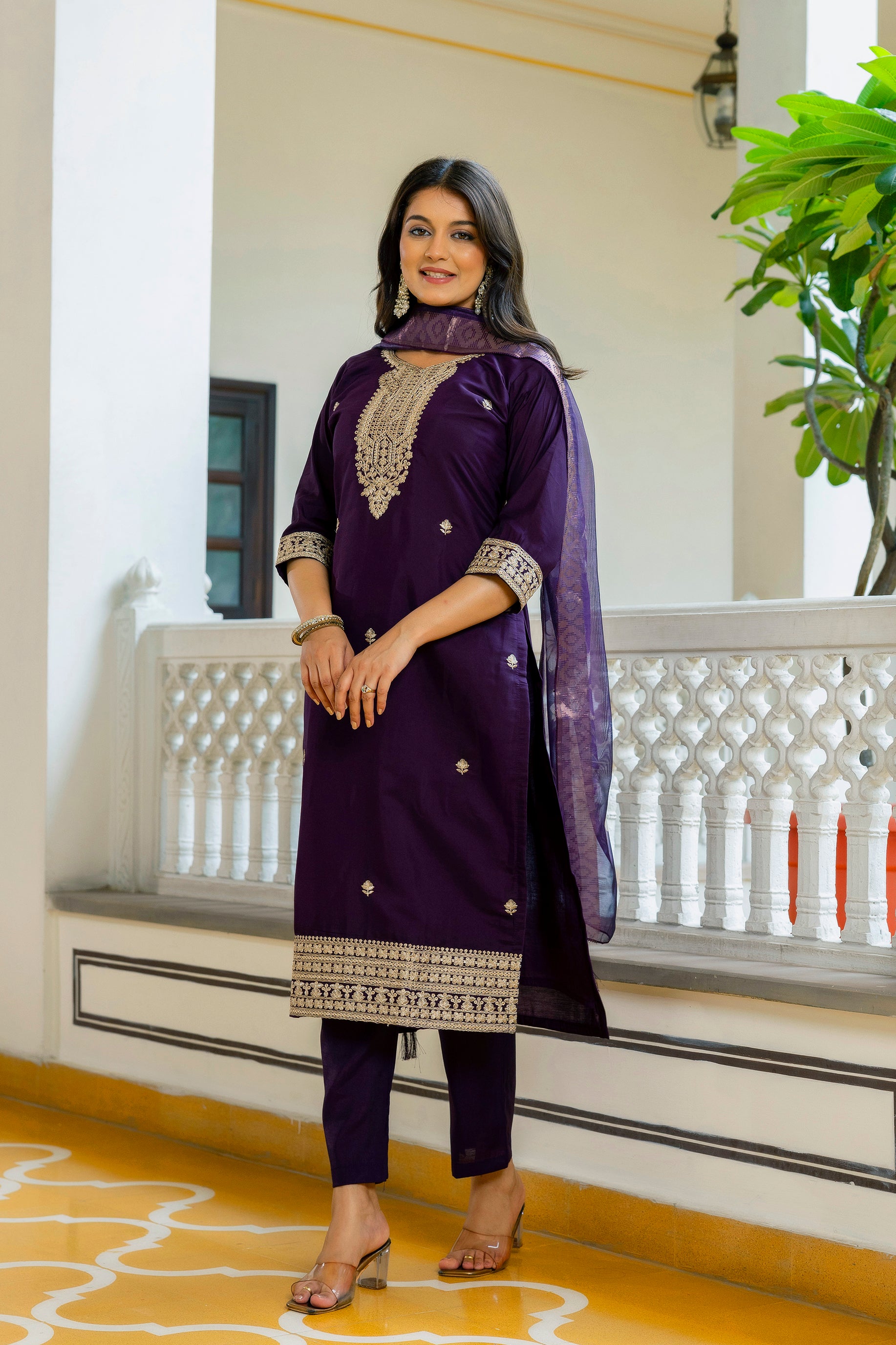 Royal Purple Embroidered Kurta Pant Set with Dupatta