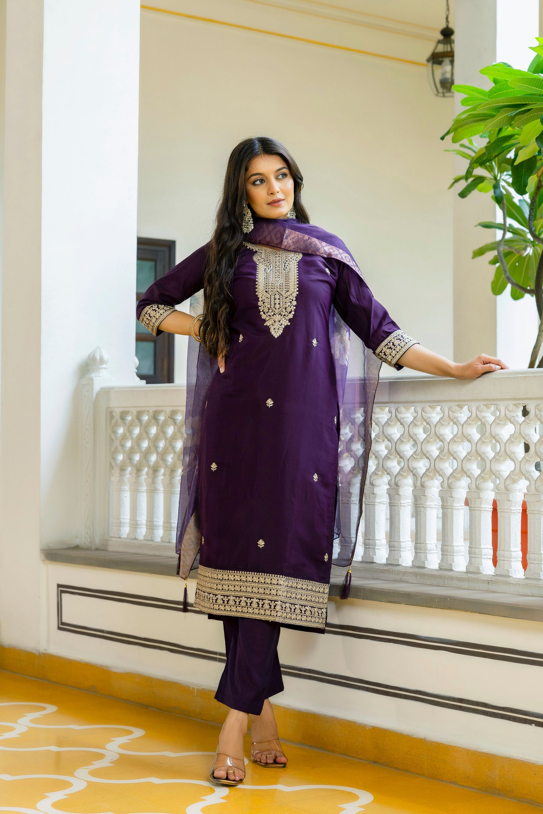 Royal Purple Embroidered Kurta Pant Set with Dupatta