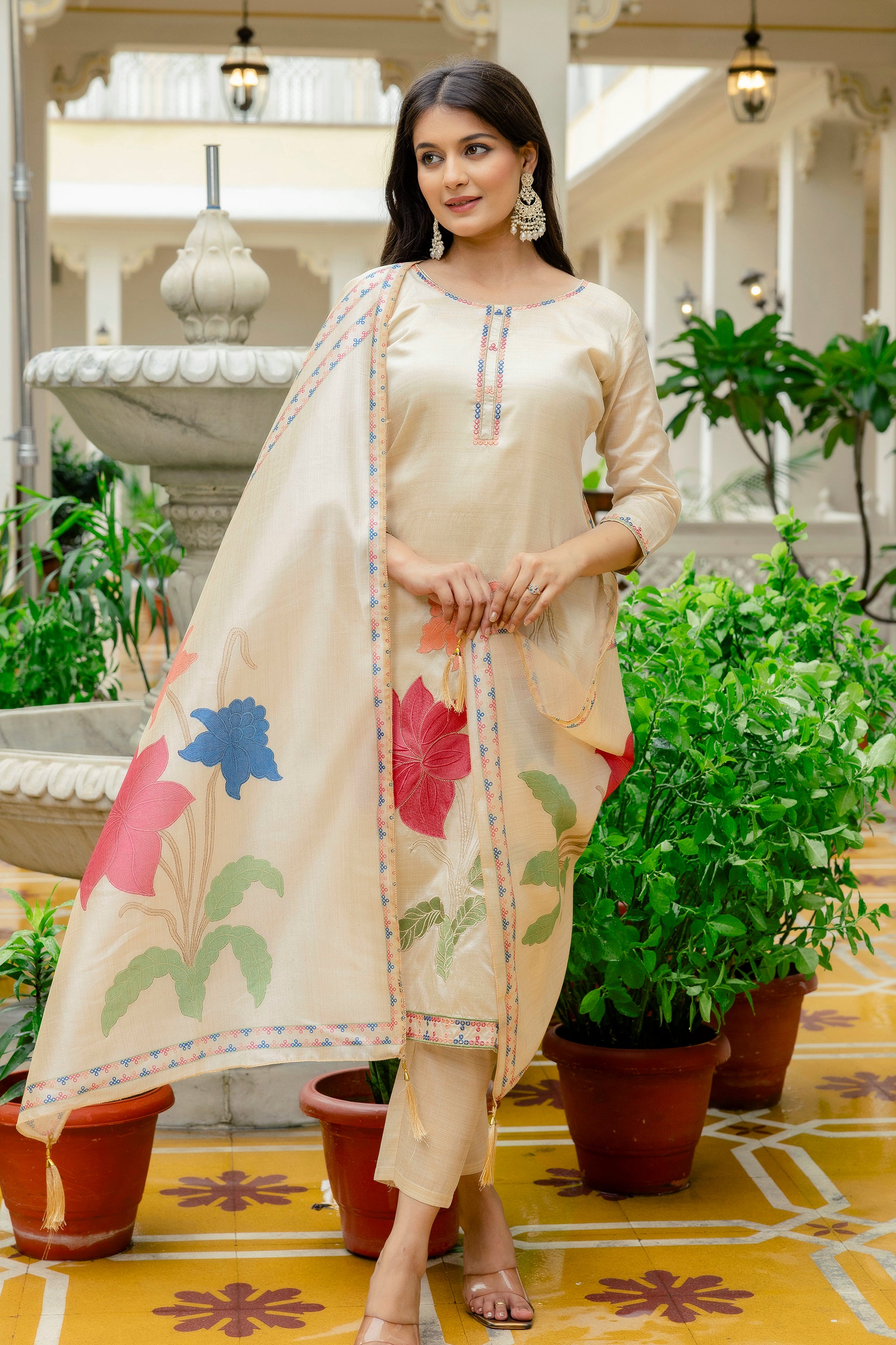 Beige Floral Printed Kurta Pant Set with Coordinated Dupatta
