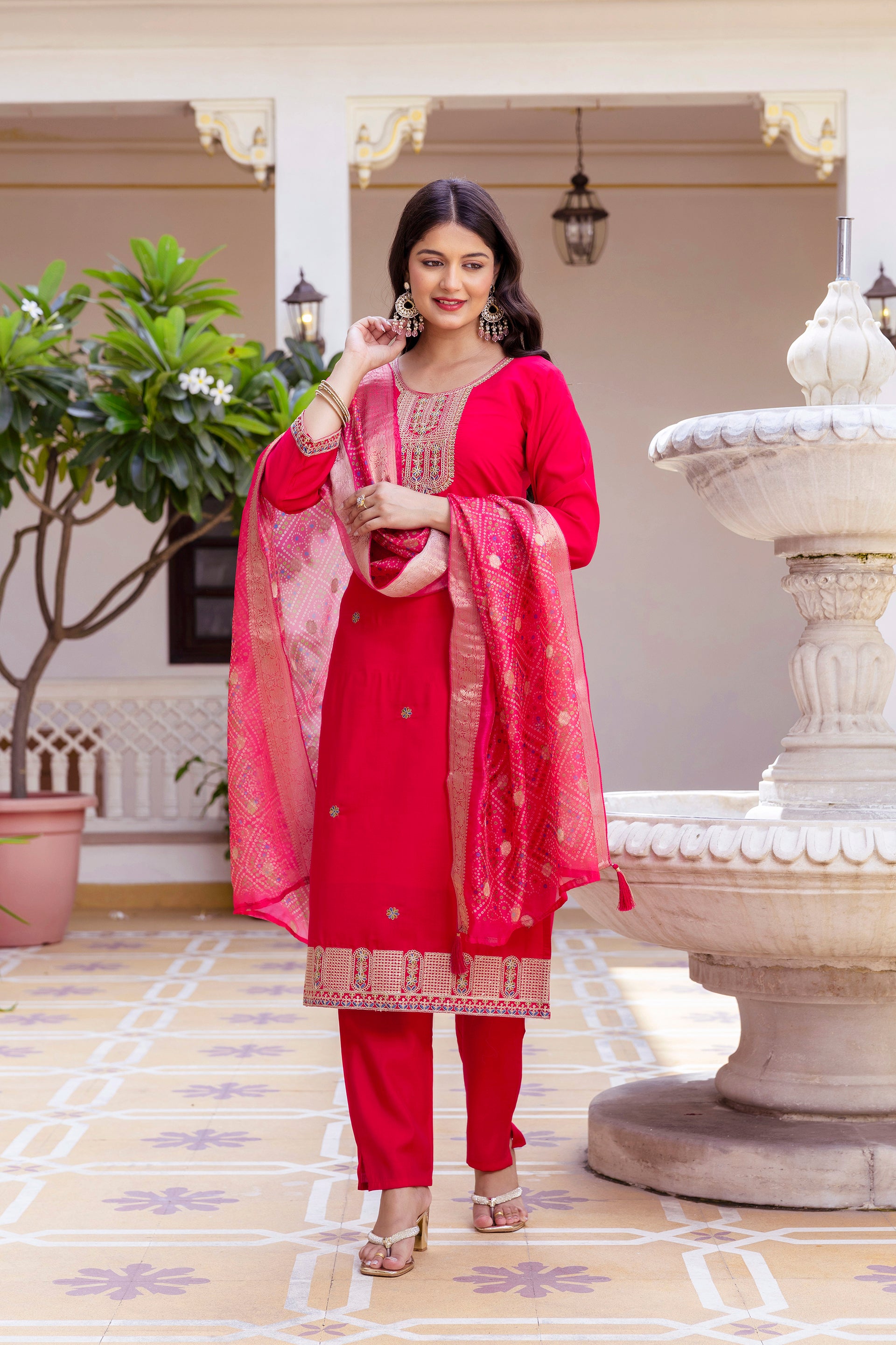 Rani Pink Embroidered Kurta Pant Set with Jacquard Dupatta