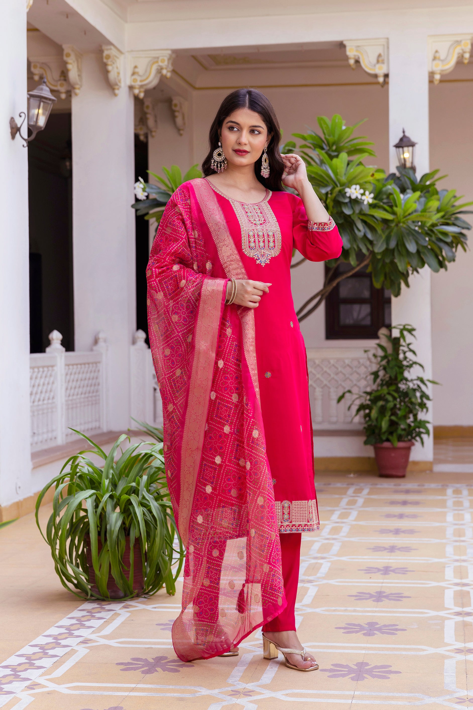 Rani Pink Embroidered Kurta Pant Set with Jacquard Dupatta