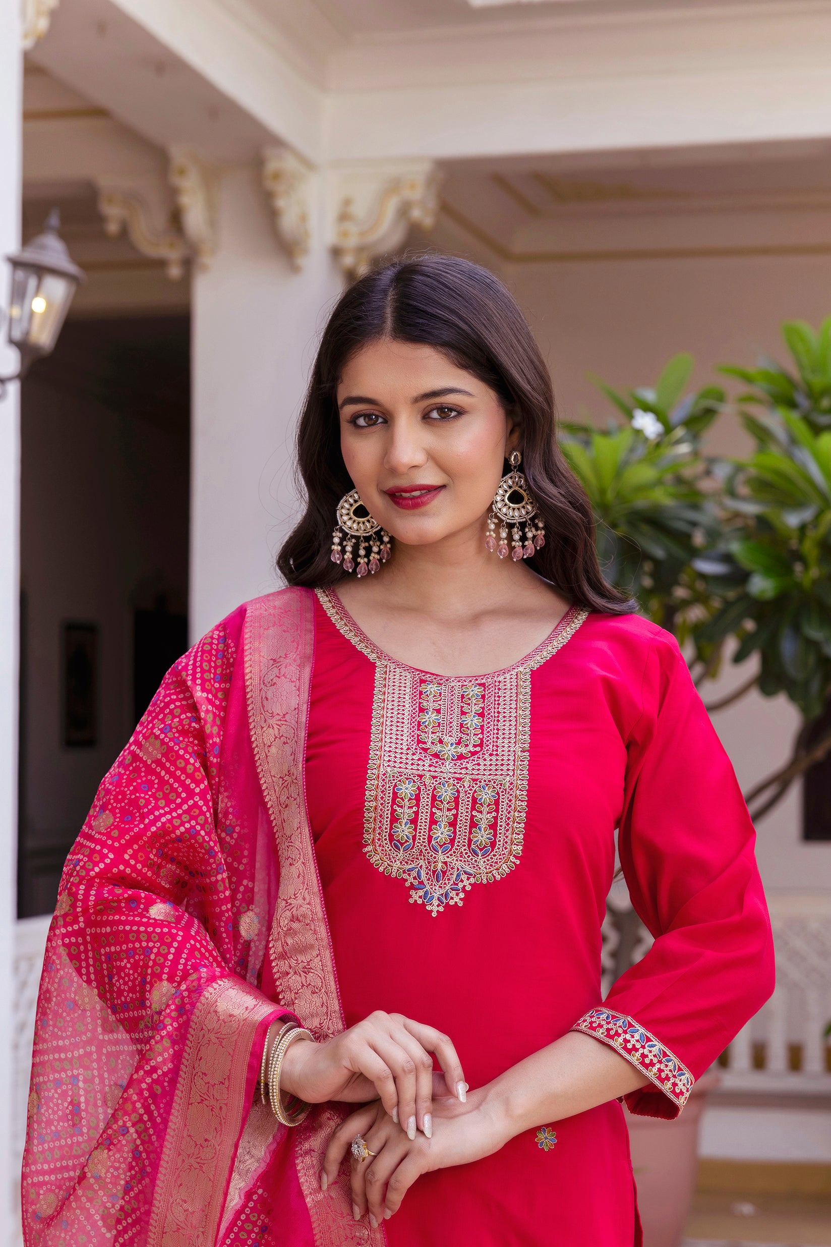 Rani Pink Embroidered Kurta Pant Set with Jacquard Dupatta